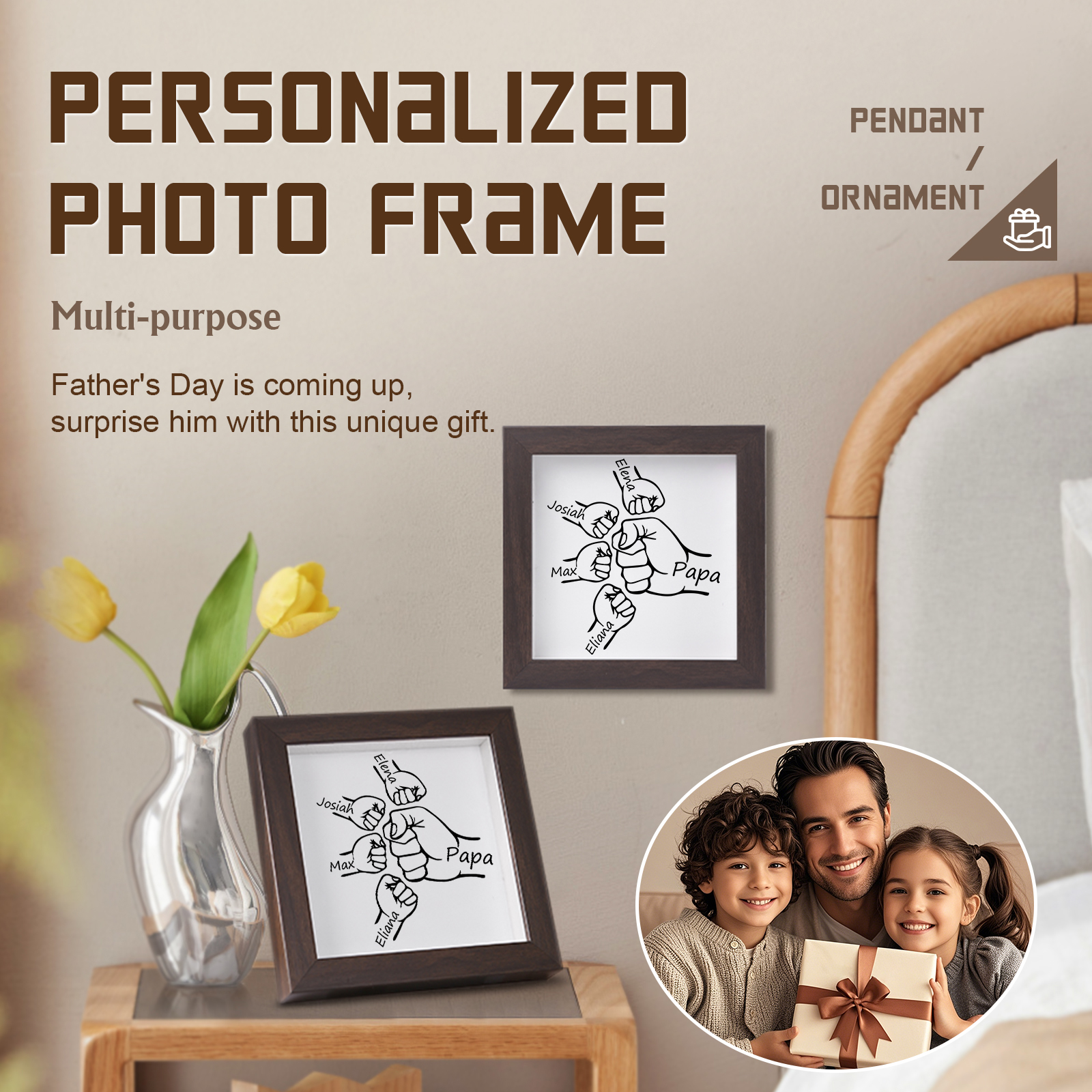 4 Names & 1 Text-Personalised Fist Bump Frame Wooden Ornament Custom Plaque Home Decoration for Father | Jessemade
