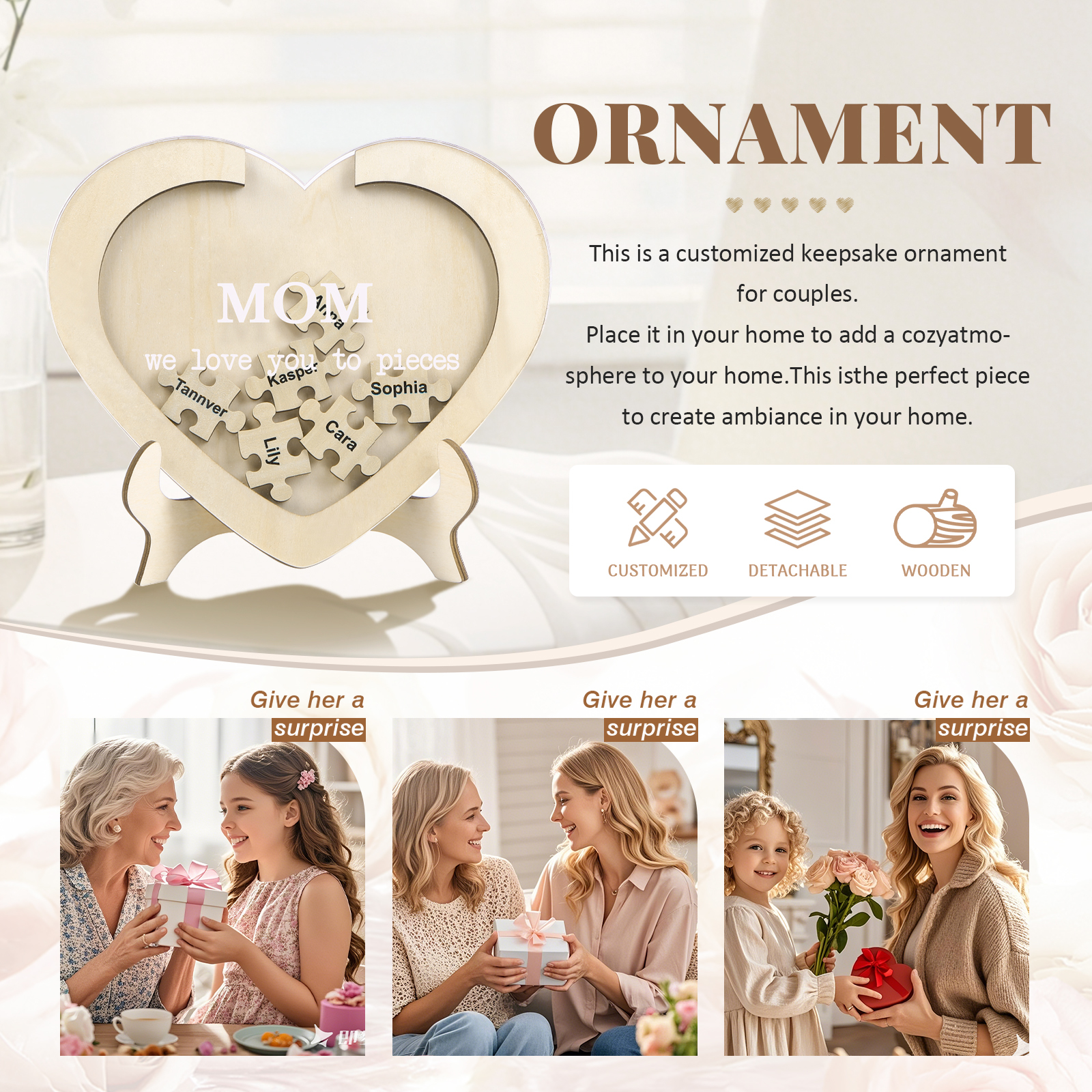 6 Names & 2 Texts Personalised Wooden Acrylic Ornament for Mum | Jessemade