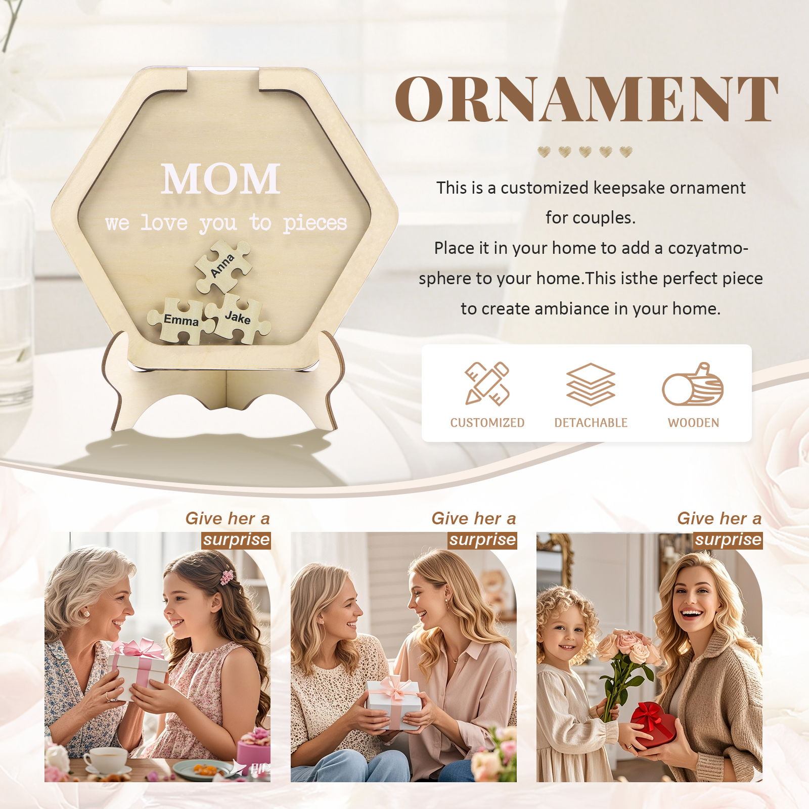 3 Names & 2 Texts Personalised Wooden Acrylic Ornament for Mum | Jessemade