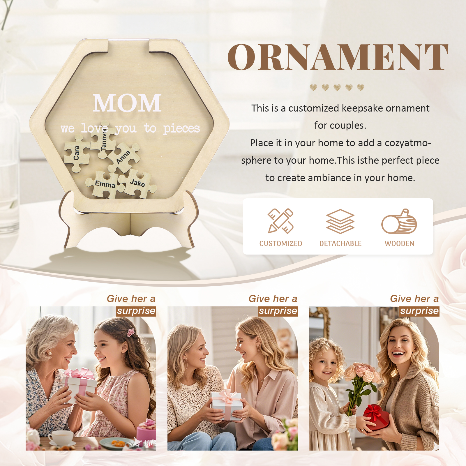 5 Names & 2 Texts Personalised Wooden Acrylic Ornament for Mum | Jessemade