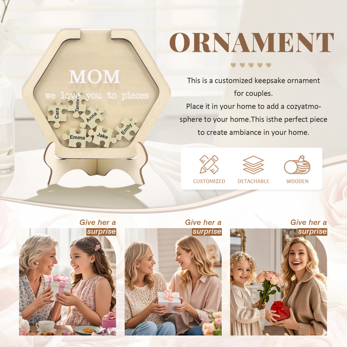 6 Names & 2 Texts Personalised Wooden Acrylic Ornament for Mum | Jessemade