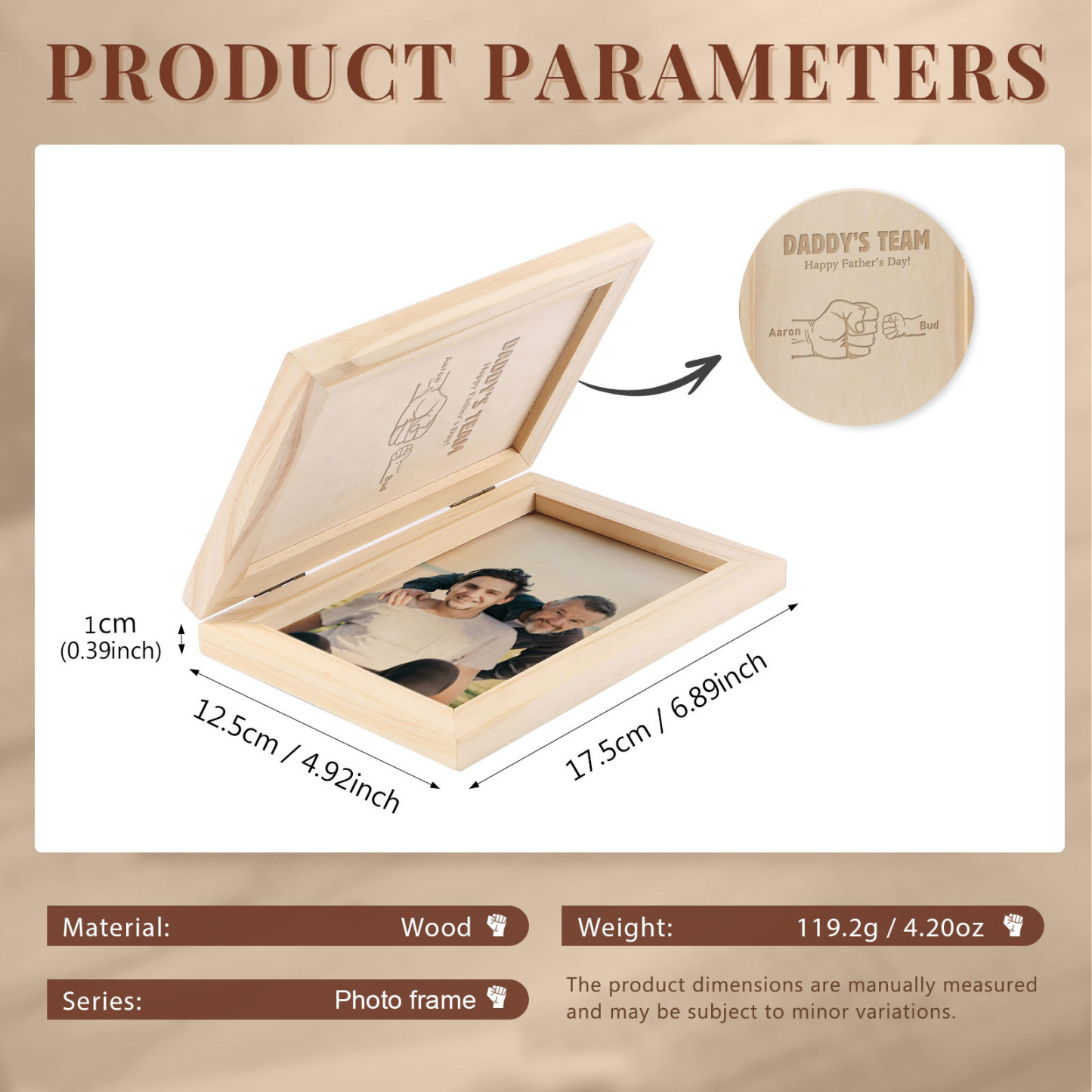 2 Names Personalised Wooden Frame with Photo and Date - Father’s Day Gift | Jessemade