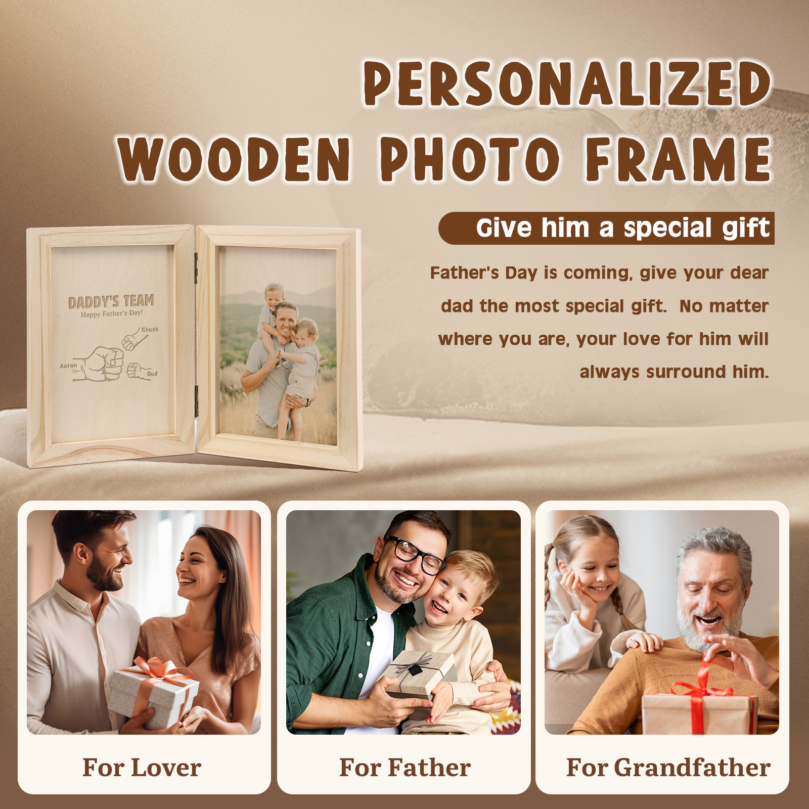 3 Names Personalised Wooden Frame with Photo and Date - Father’s Day Gift | Jessemade