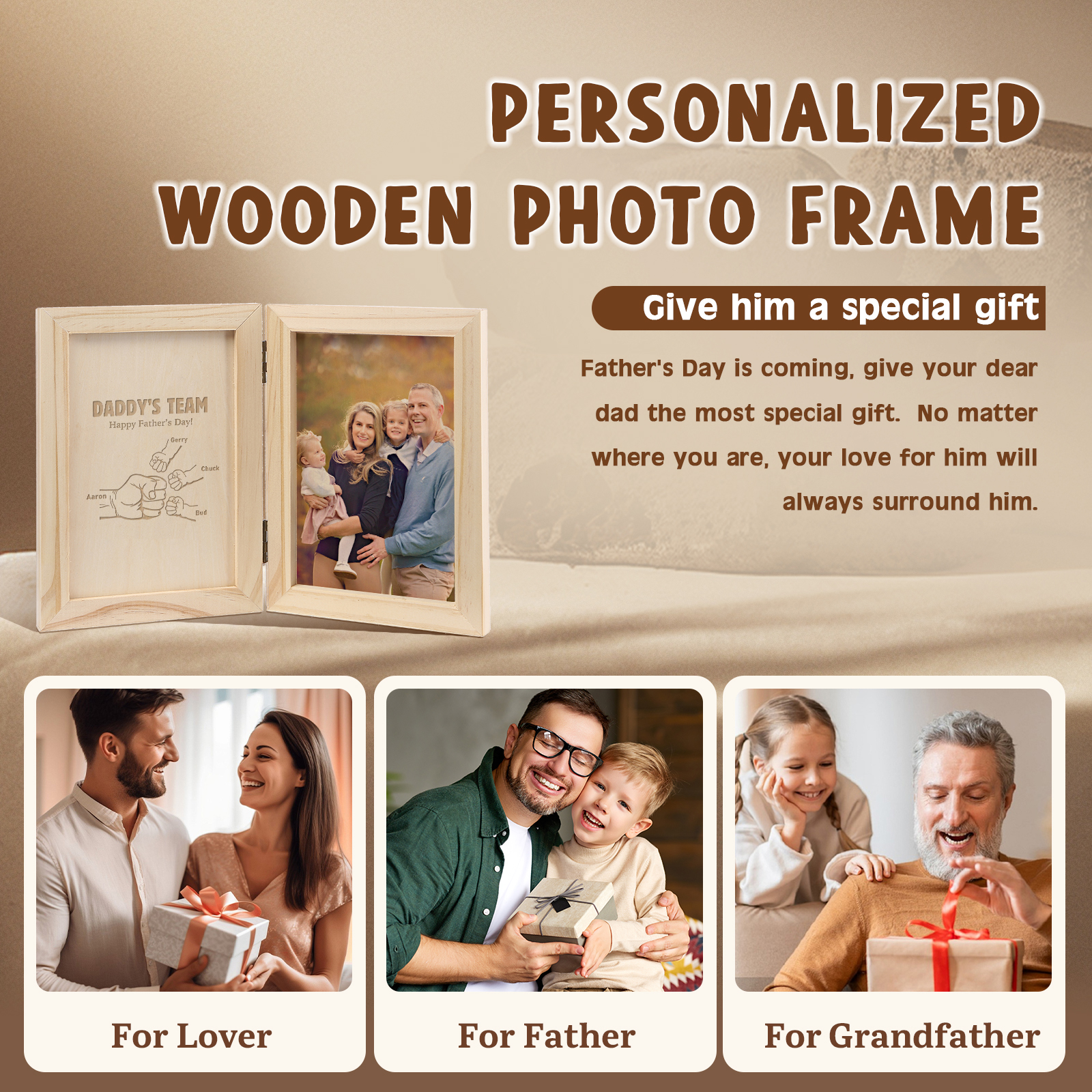 4 Names Personalised Wooden Frame with Photo and Date - Father’s Day Gift | Jessemade