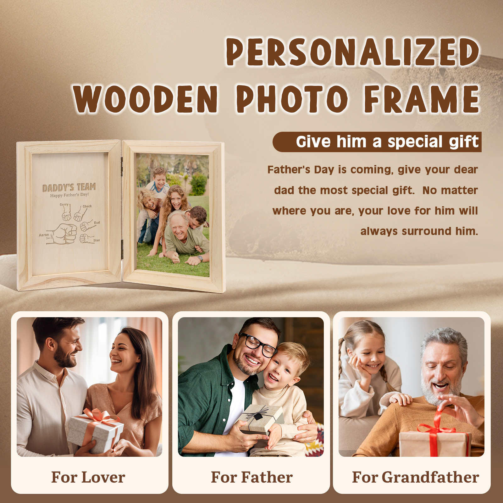 5 Names Personalised Wooden Frame with Photo and Date - Father’s Day Gift | Jessemade