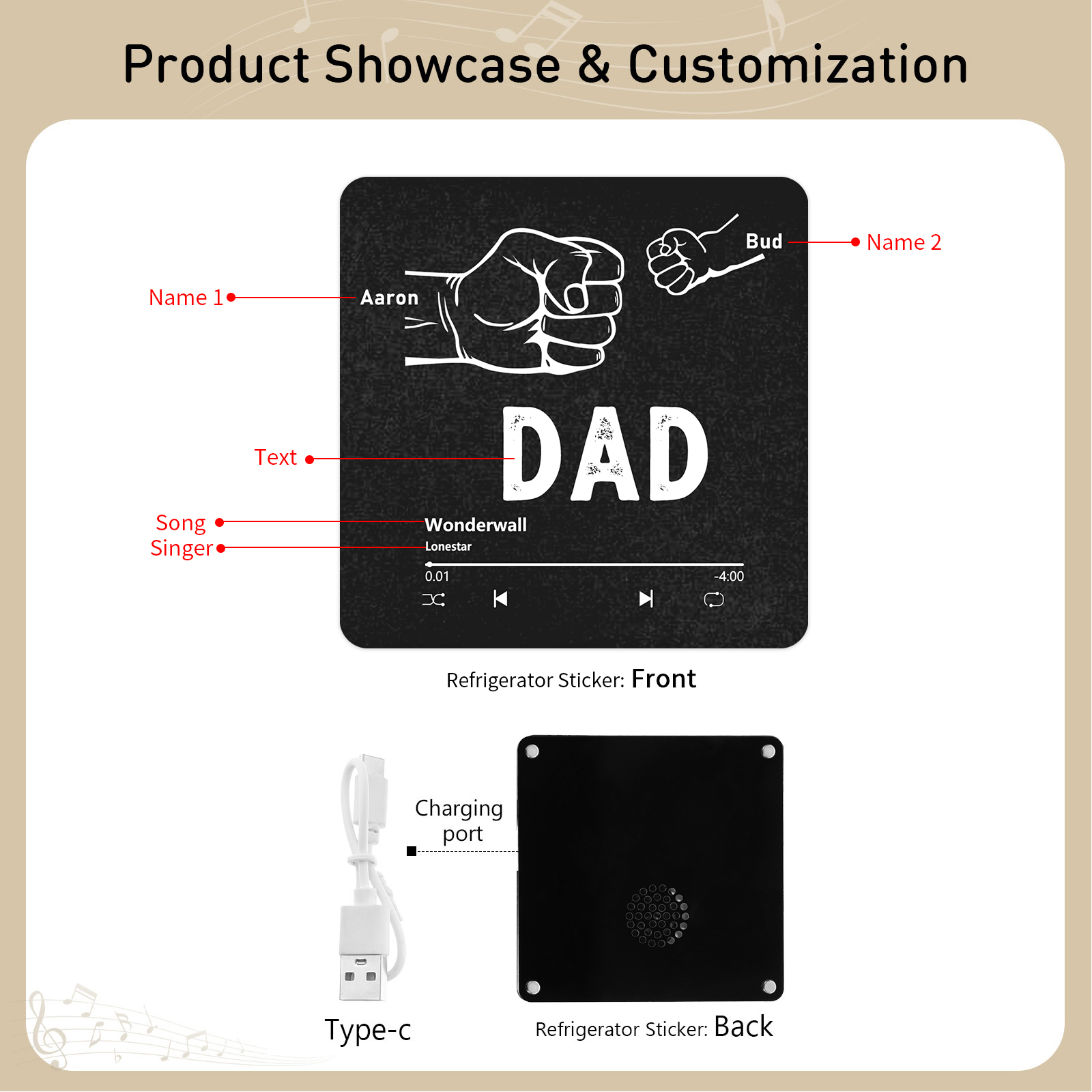 Personalised Music Fridge Magnet with Favourite Song & Names – Thoughtful Family Keepsake | Jessemade