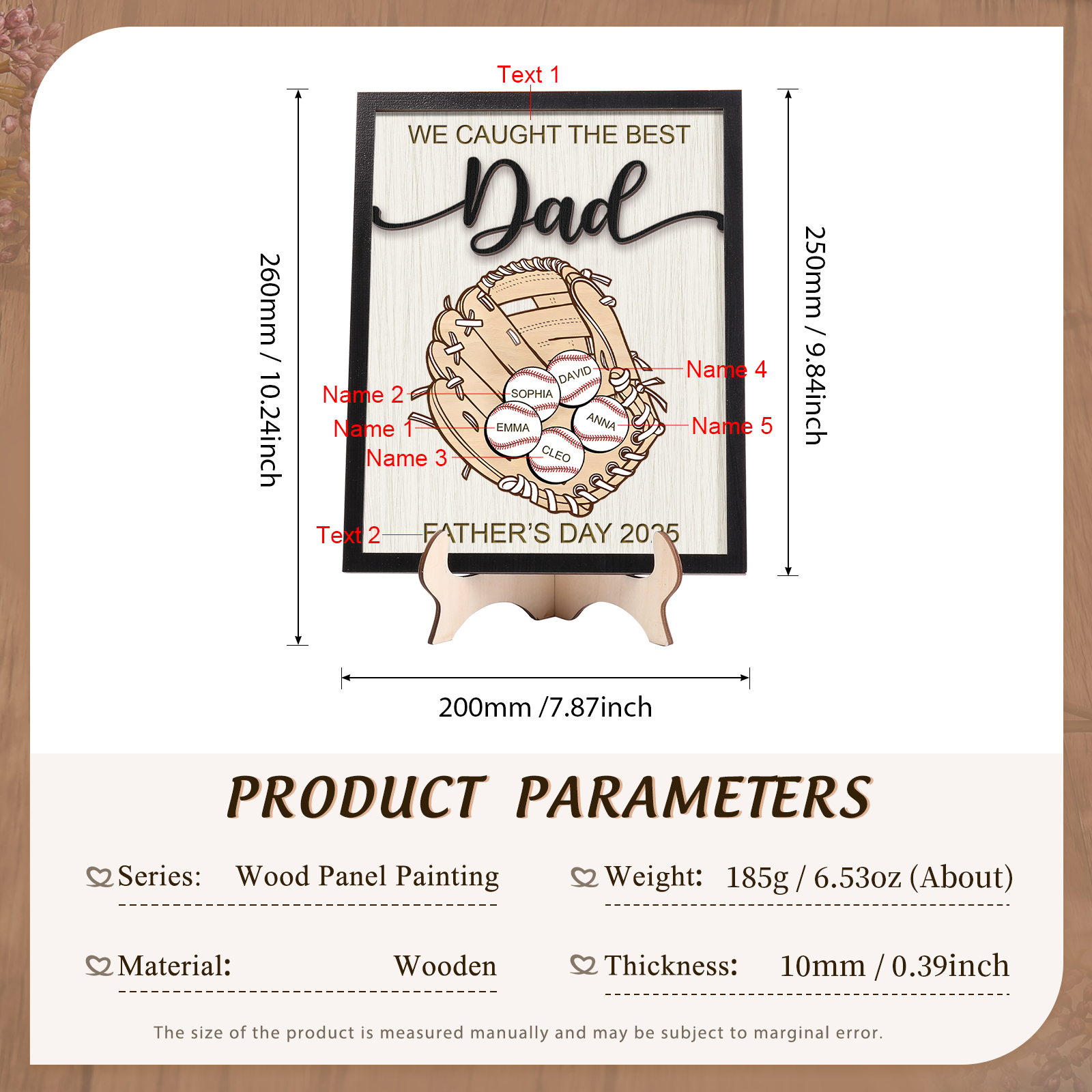 Personalised Wooden Plaque – “We Caught the Best Dad” Baseball Design 2 Texts & 5 Names | Jessemade