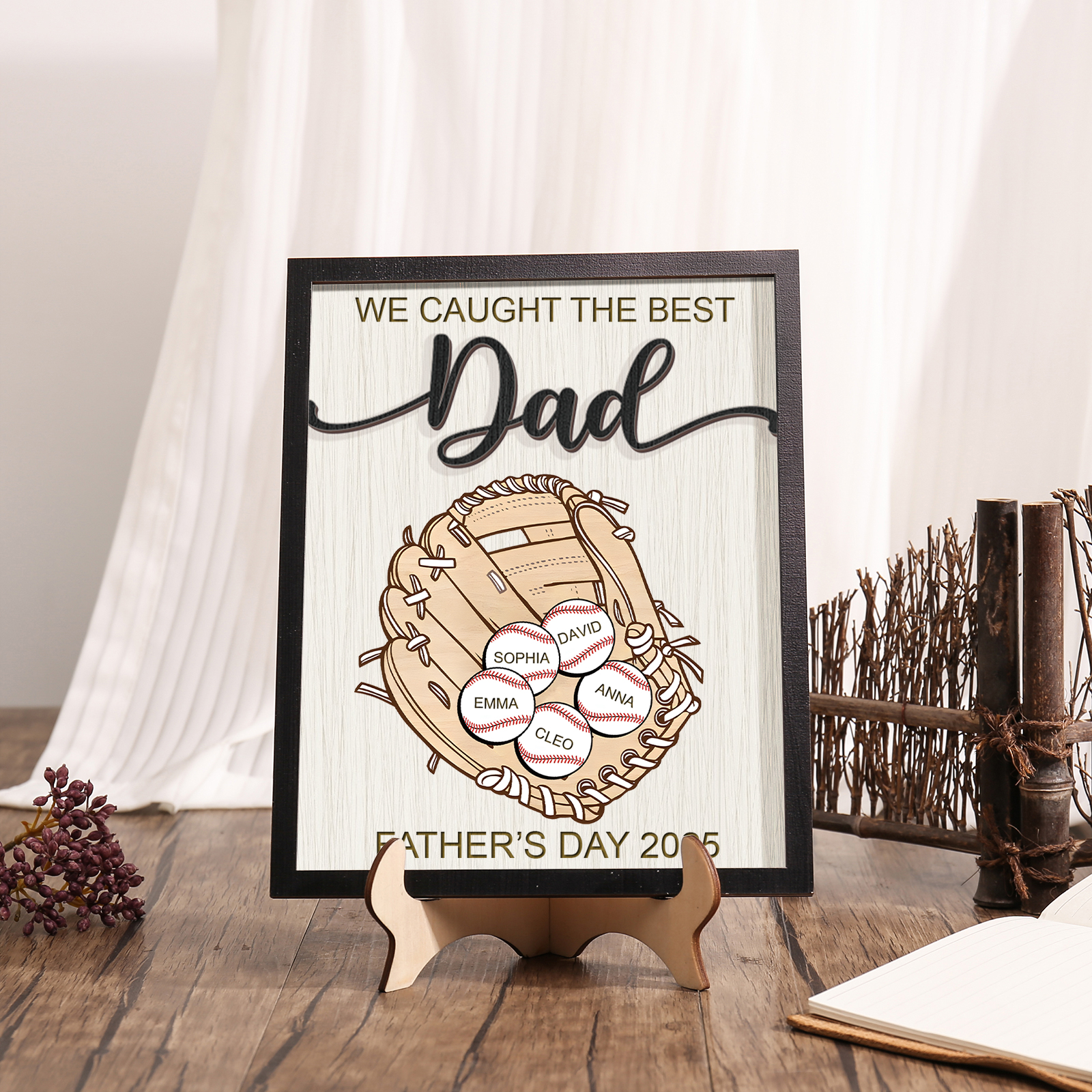 Personalised Wooden Plaque – “We Caught the Best Dad” Baseball Design 2 Texts & 5 Names | Jessemade