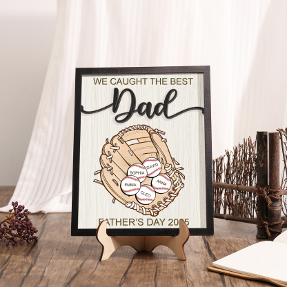 Personalised Wooden Plaque – “We Caught the Best Dad” Baseball Design 2 Texts & 5 Names | Jessemade