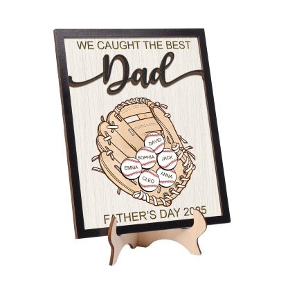 Personalised Wooden Plaque – “We Caught the Best Dad” Baseball Design 2 Texts & 6 Names | Jessemade