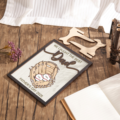 Personalised Wooden Plaque – “We Caught the Best Dad” Baseball Design 2 Texts & 2 Names | Jessemade