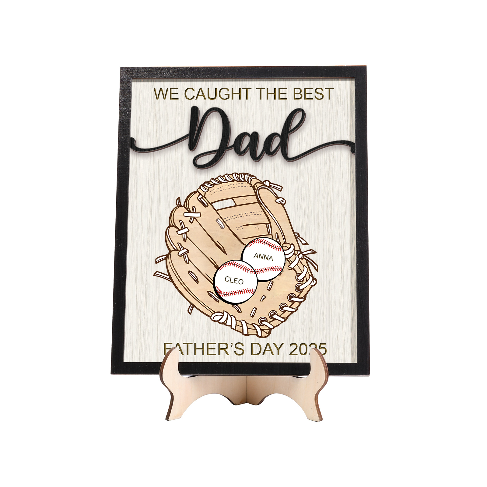 Personalised Wooden Plaque – “We Caught the Best Dad” Baseball Design 2 Texts & 2 Names | Jessemade