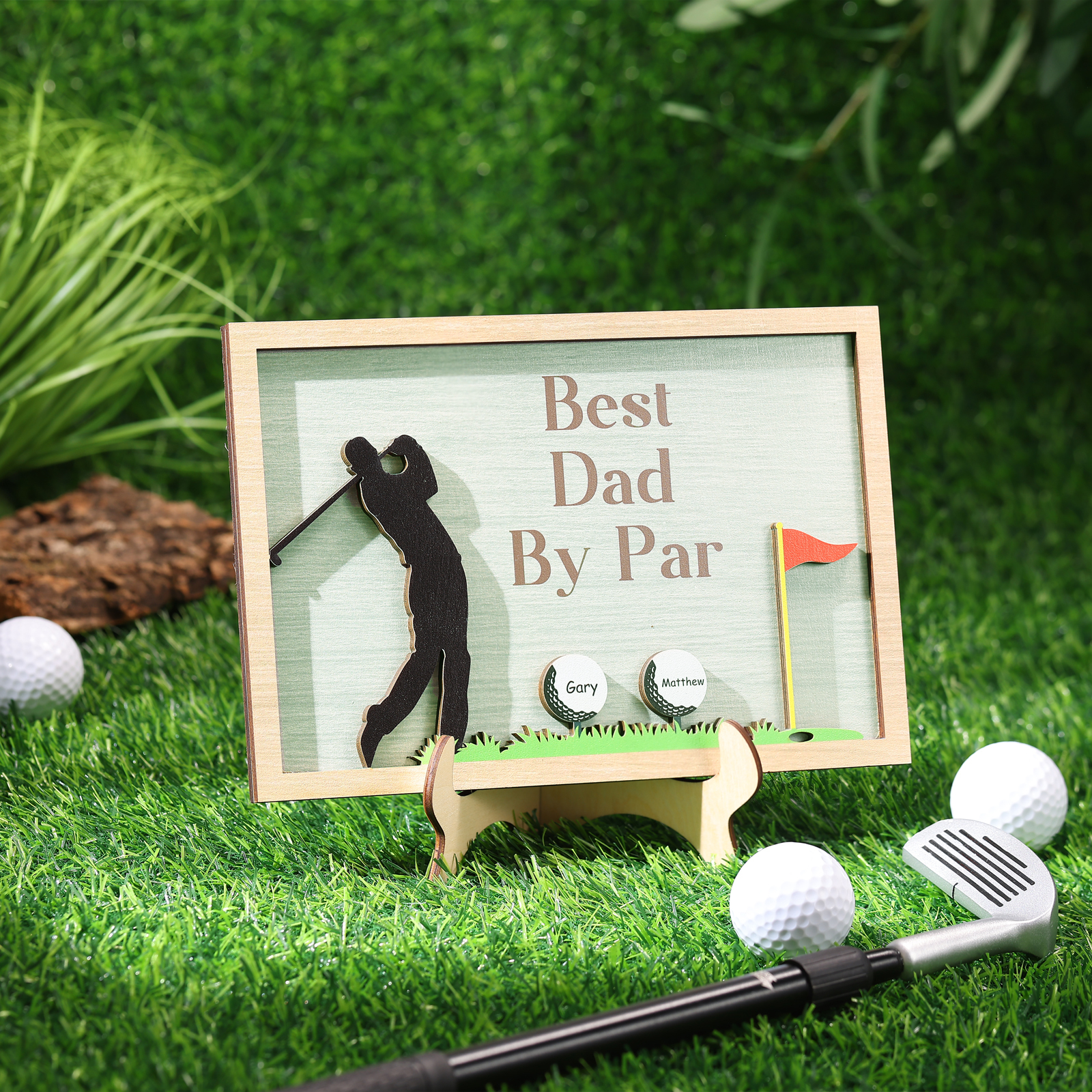 2 Names & 1 Text Personalised Golf Wooden Plaque – Custom Father's Day