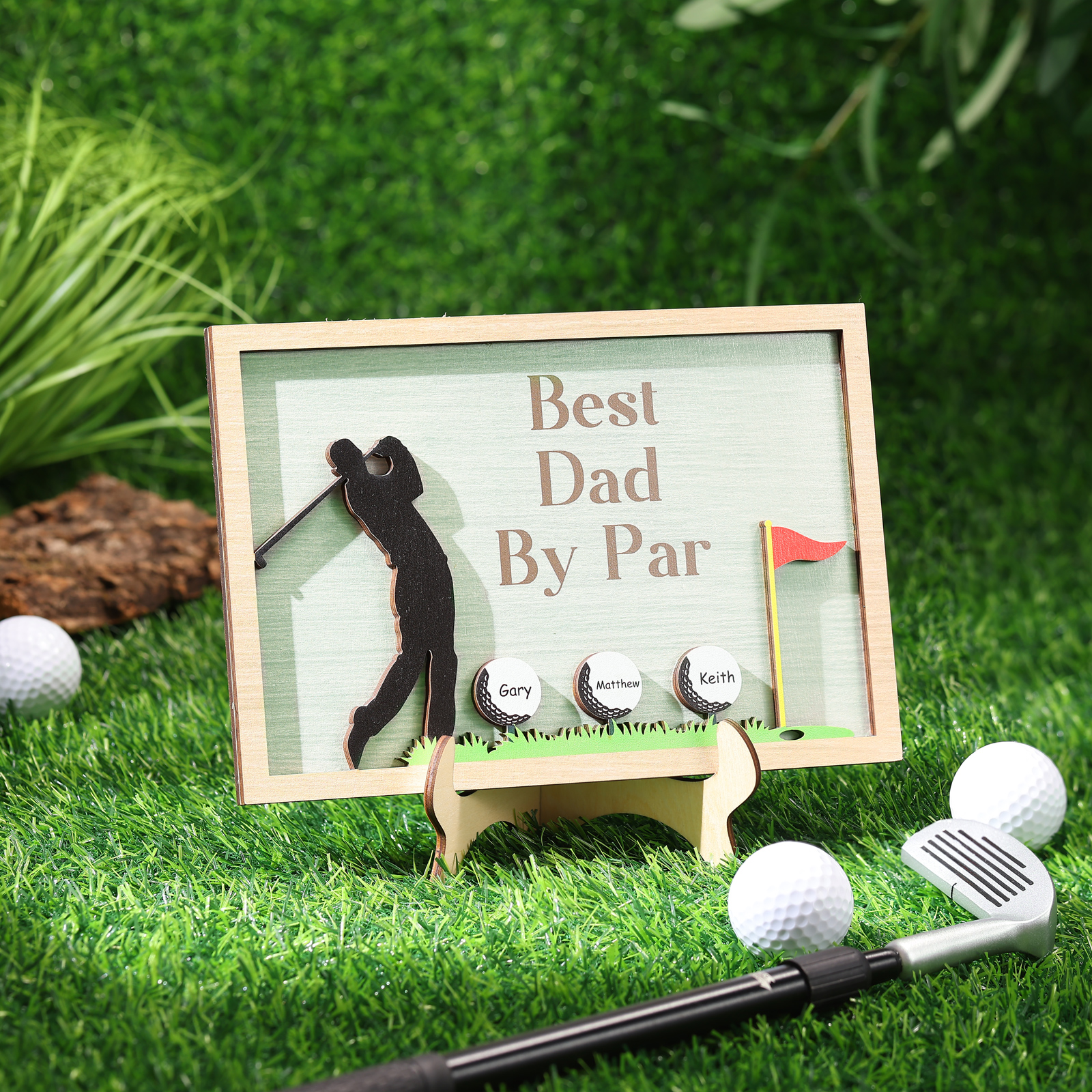 3 Names & 1 Text Personalised Golf Wooden Plaque – Custom Father's Day