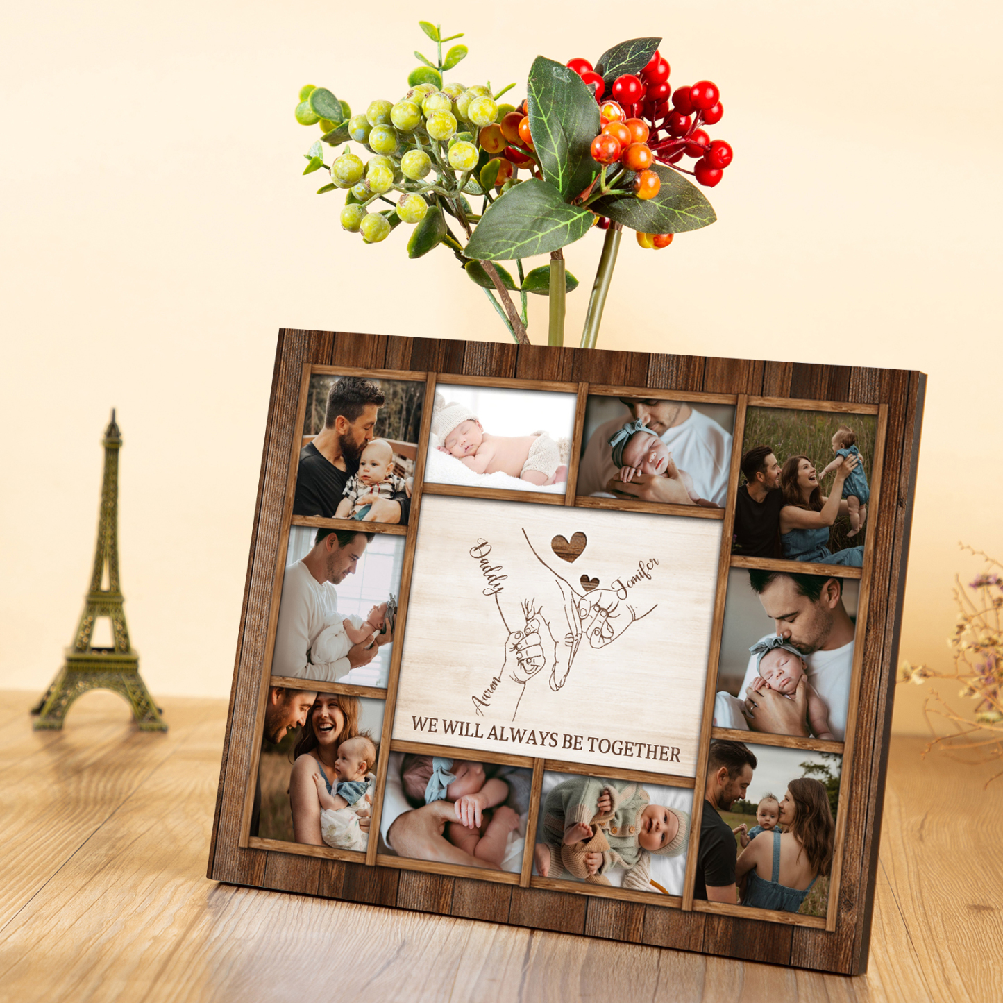 Personalised Wooden Photo Frame – Custom 3 Names, 1 Text & 10 Photo Collage – Gift for Dad, Mum, Grandparents or Family | Jessemade