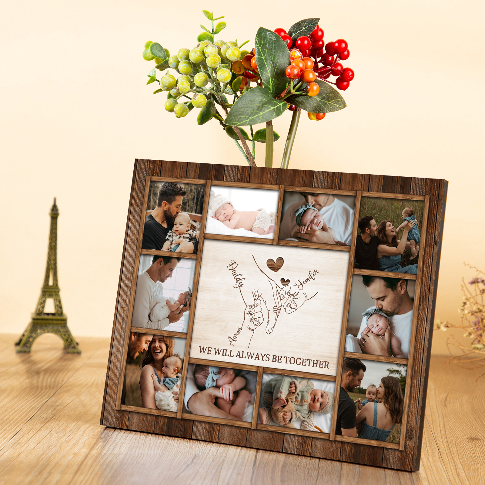 Personalised Wooden Photo Frame – Custom 3 Names, 1 Text & 10 Photo Collage – Gift for Dad, Mum, Grandparents or Family | Jessemade