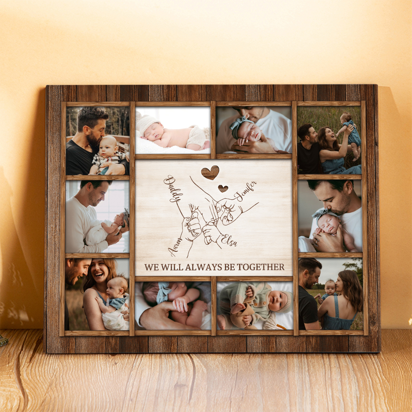 Personalised Wooden Photo Frame – Custom 4 Names, 1 Text & 10 Photo Collage – Gift for Dad, Mum, Grandparents or Family | Jessemade