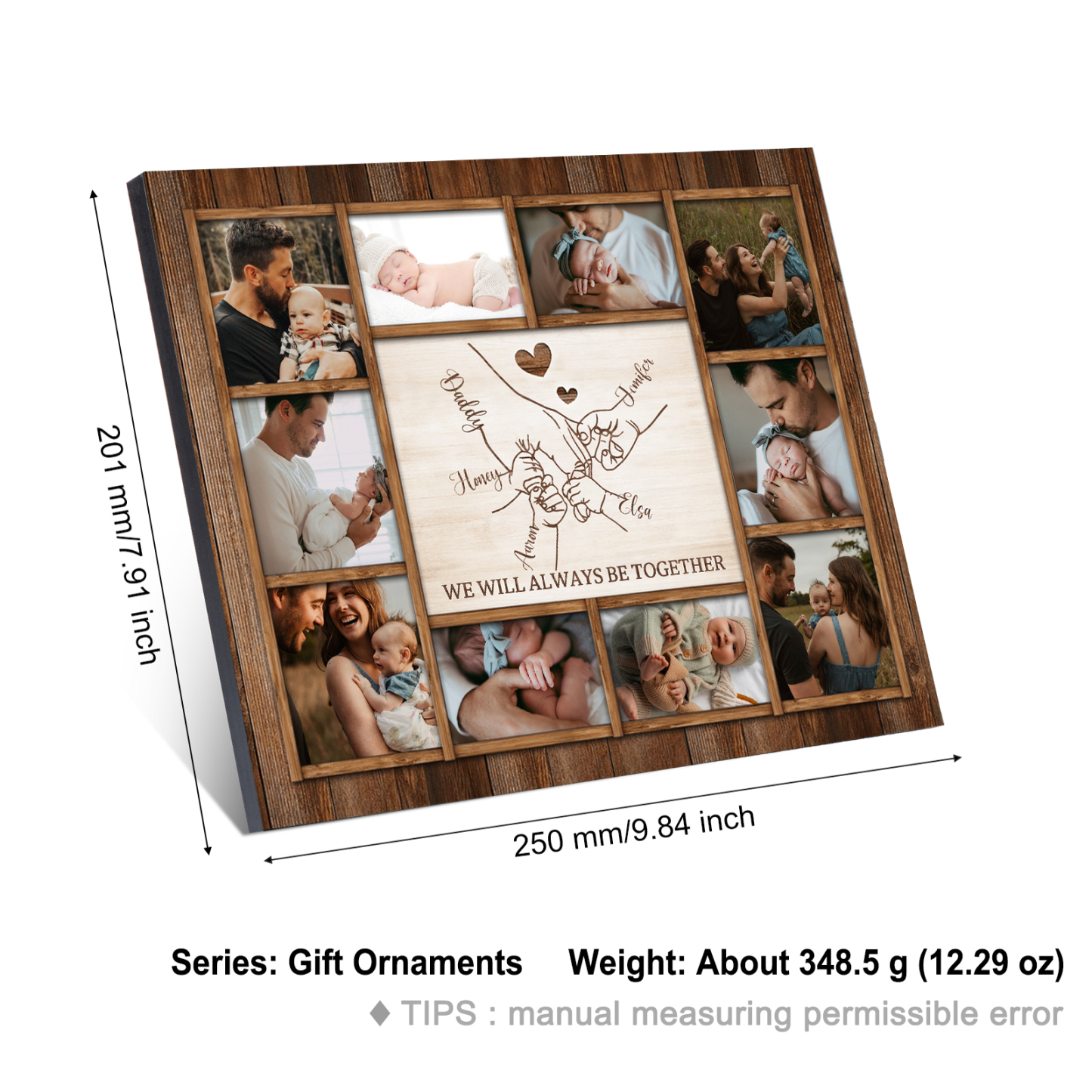 Personalised Wooden Photo Frame – Custom 5 Names, 1 Text & 10 Photo Collage – Gift for Dad, Mum, Grandparents or Family | Jessemade