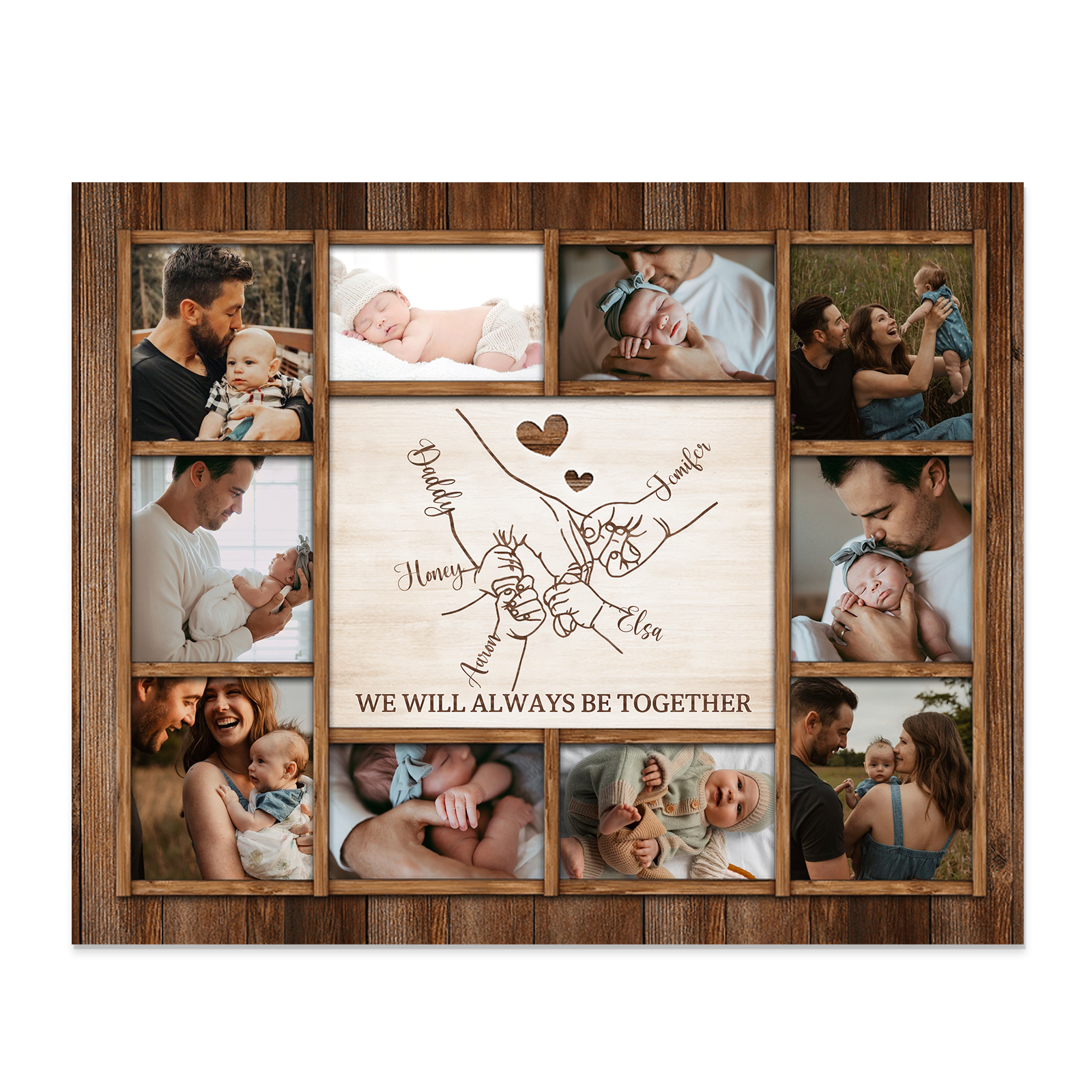 Personalised Wooden Photo Frame – Custom 5 Names, 1 Text & 10 Photo Collage – Gift for Dad, Mum, Grandparents or Family | Jessemade