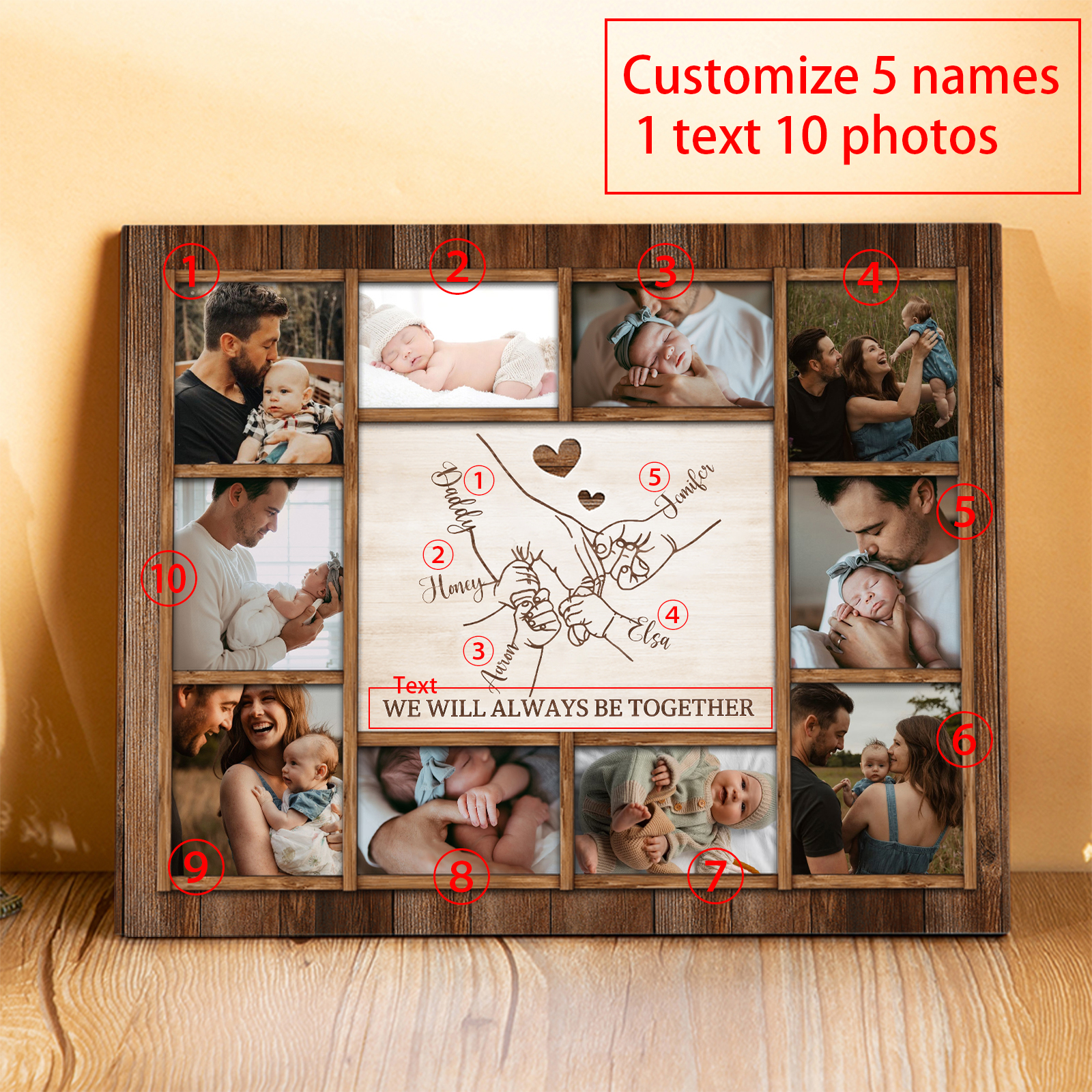 Personalised Wooden Photo Frame – Custom 5 Names, 1 Text & 10 Photo Collage – Gift for Dad, Mum, Grandparents or Family | Jessemade