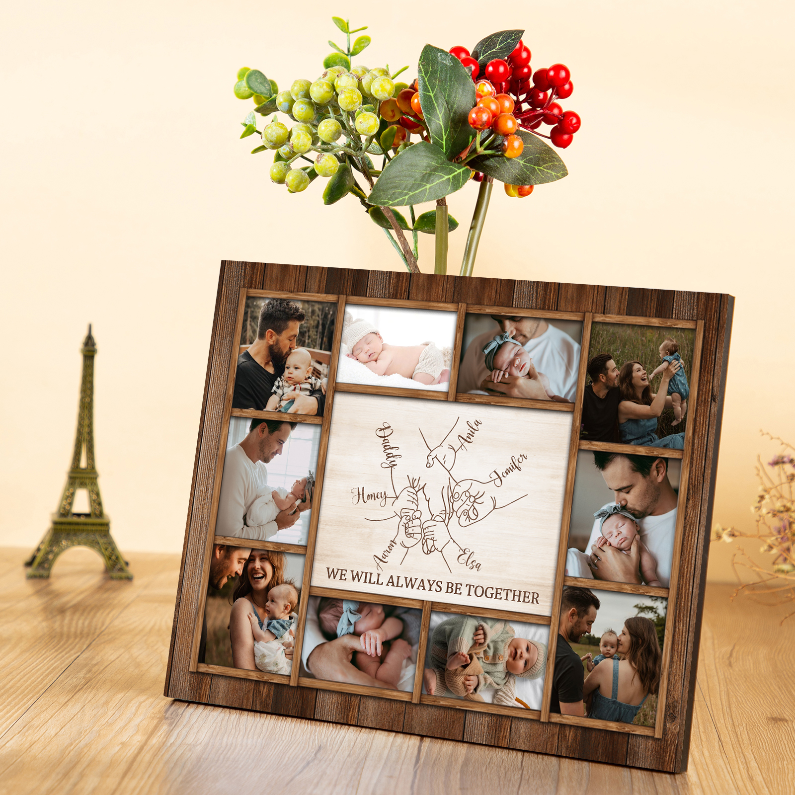 Personalised Wooden Photo Frame – Custom 6 Names, 1 Text & 10 Photo Collage – Gift for Dad, Mum, Grandparents or Family | Jessemade