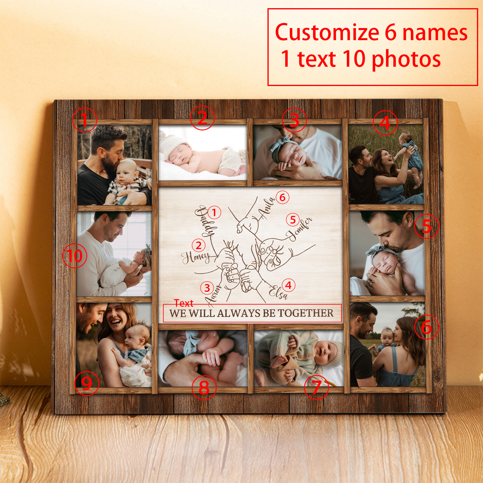 Personalised Wooden Photo Frame – Custom 6 Names, 1 Text & 10 Photo Collage – Gift for Dad, Mum, Grandparents or Family | Jessemade