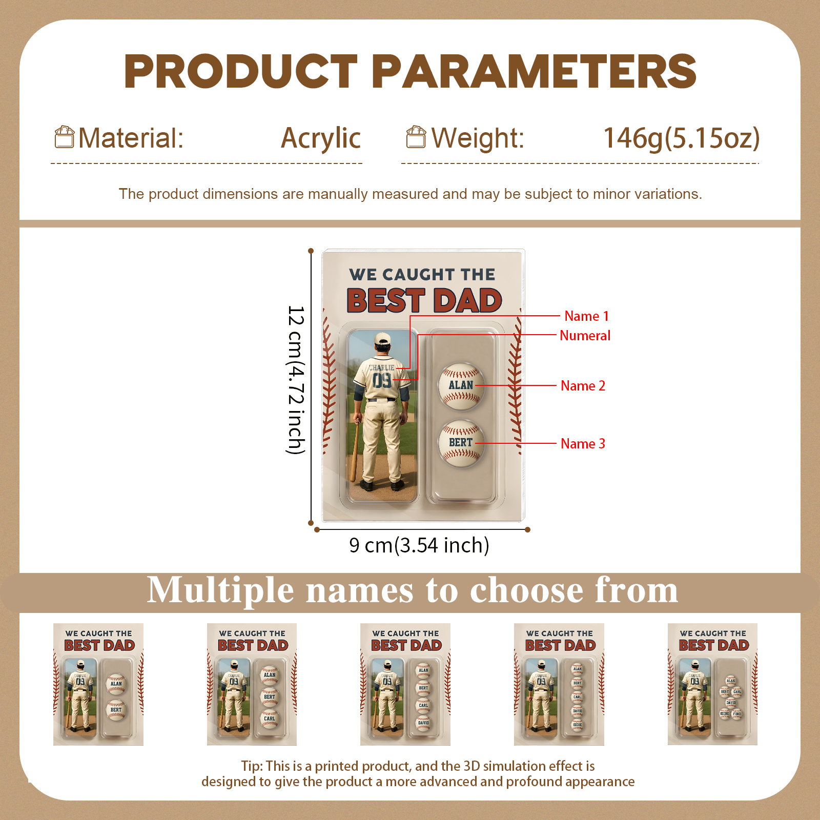 3 Names Personalised Baseball Dad Display Plaque – Custom Father's Day Gift | Jessemade