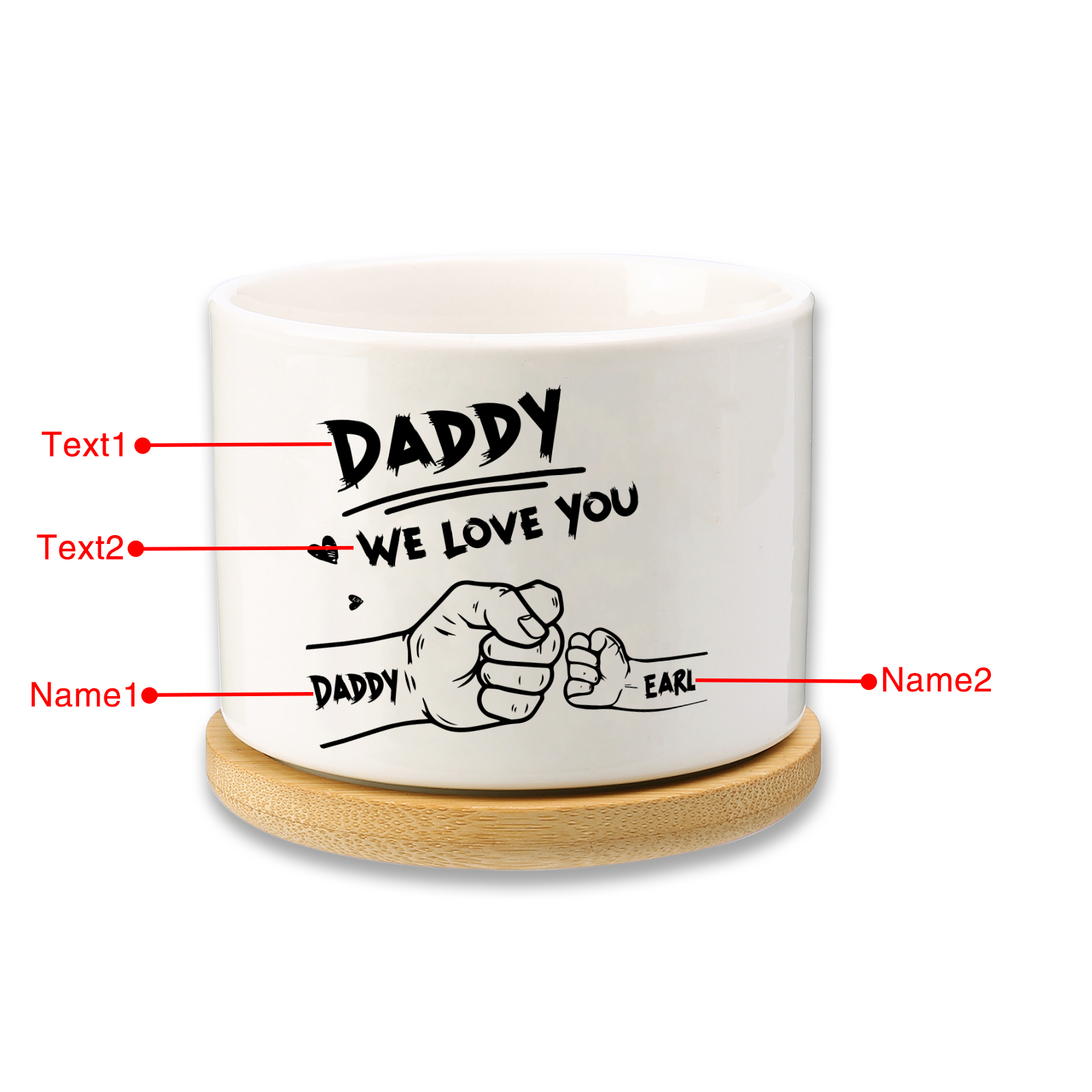Personalised Ceramic Flowerpot for Dad with 2 Names & 2 Texts – Custom Fist Bump Design | Jessemade