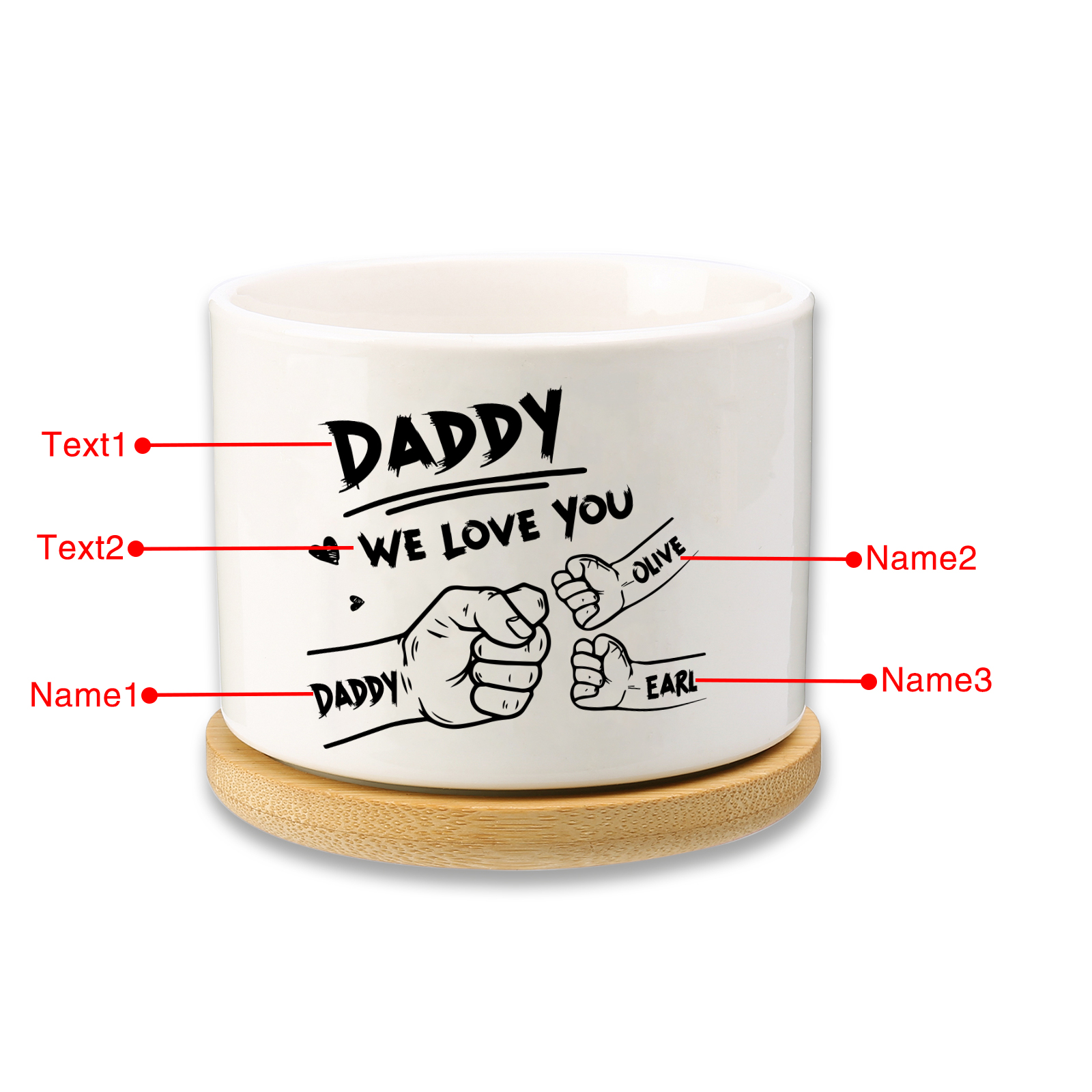 Personalised Ceramic Flowerpot for Dad with 3 Names & 2 Texts – Custom Fist Bump Design | Jessemade