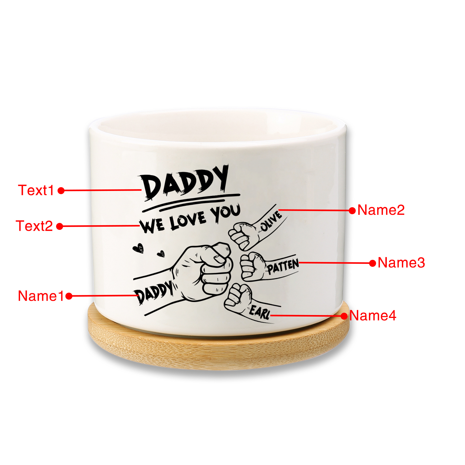 Personalised Ceramic Flowerpot for Dad with 4 Names & 2 Texts – Custom Fist Bump Design | Jessemade