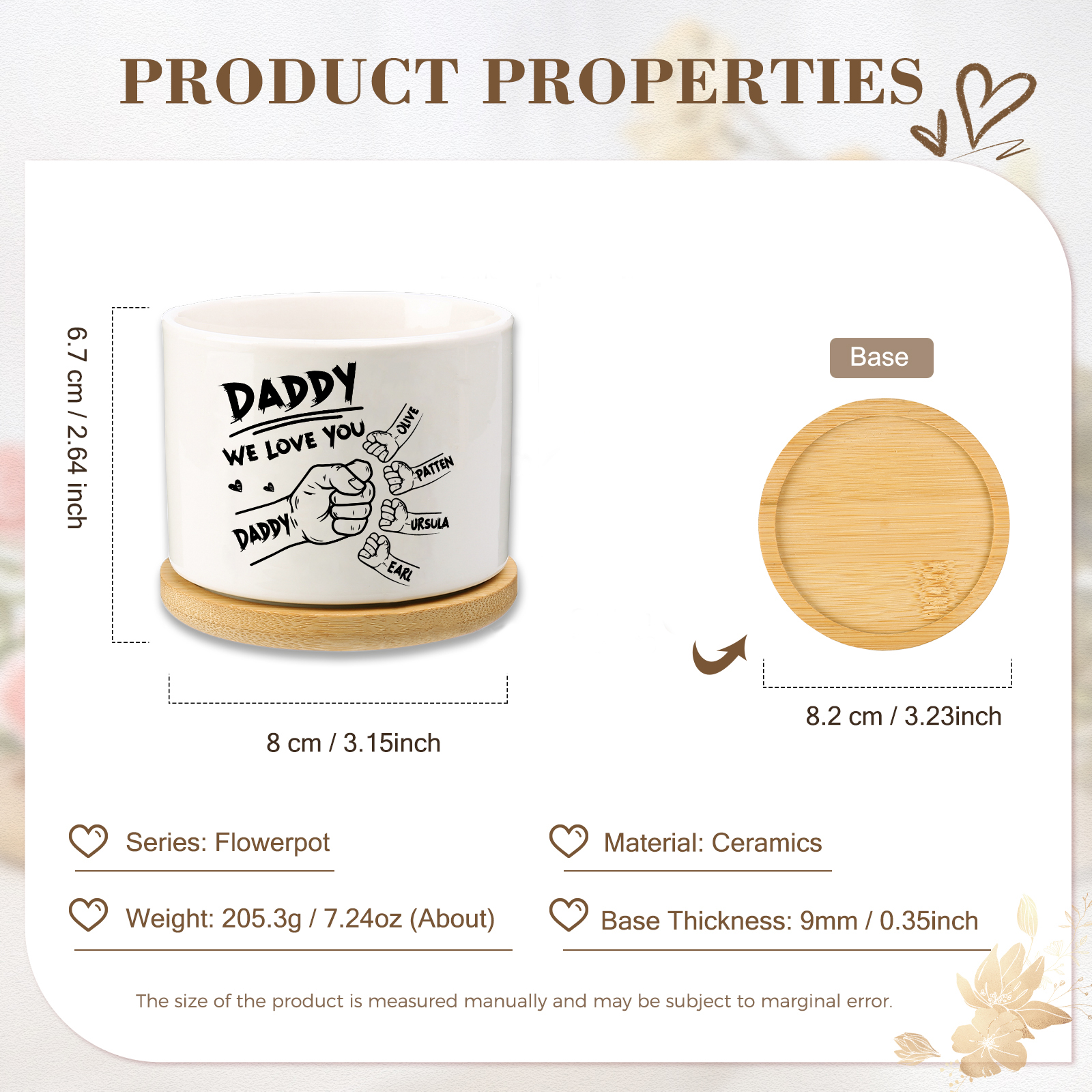 Personalised Ceramic Flowerpot for Dad with 5 Names & 2 Texts – Custom Fist Bump Design | Jessemade