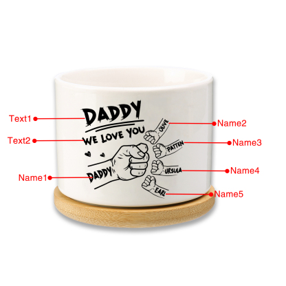 Personalised Ceramic Flowerpot for Dad with 5 Names & 2 Texts – Custom Fist Bump Design | Jessemade