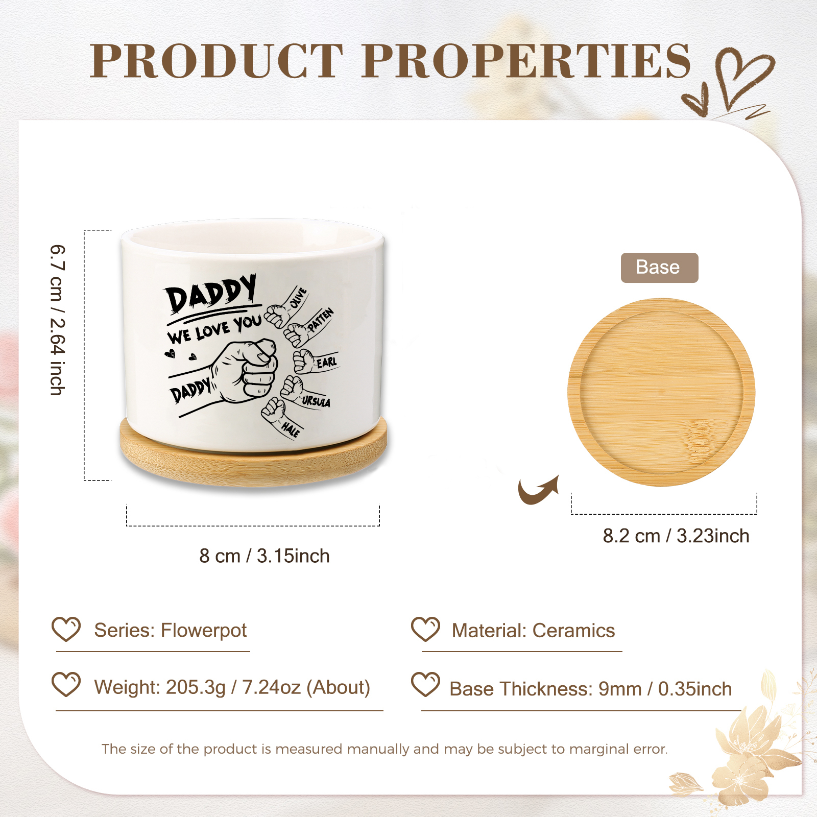 Personalised Ceramic Flowerpot for Dad with 6 Names & 2 Texts – Custom Fist Bump Design | Jessemade