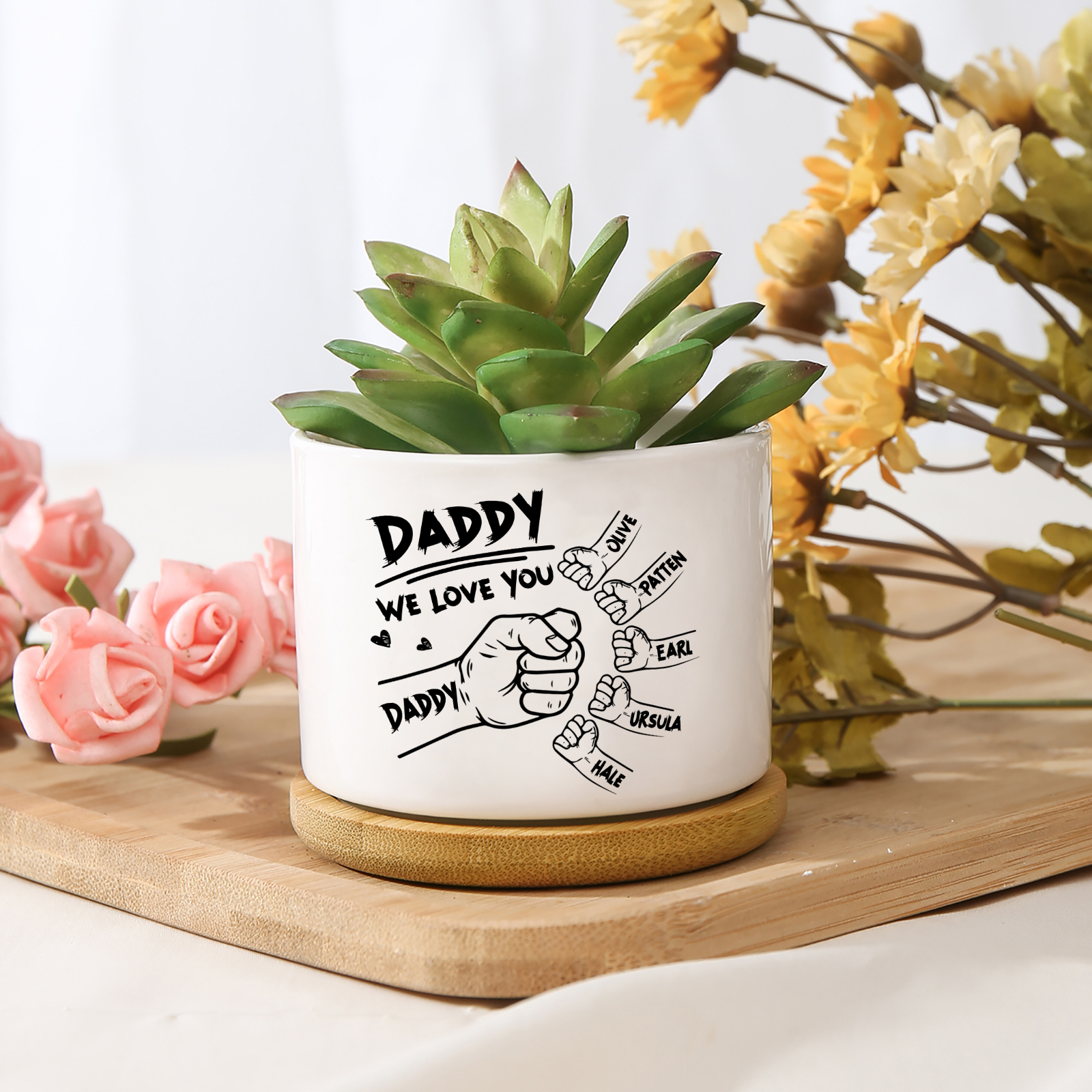 Personalised Ceramic Flowerpot for Dad with 6 Names & 2 Texts – Custom