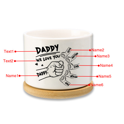 Personalised Ceramic Flowerpot for Dad with 6 Names & 2 Texts – Custom Fist Bump Design | Jessemade