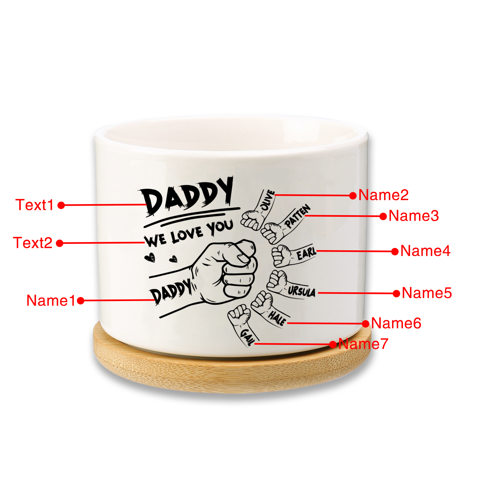 Personalised Ceramic Flowerpot for Dad with 7 Names & 2 Texts – Custom Fist Bump Design | Jessemade