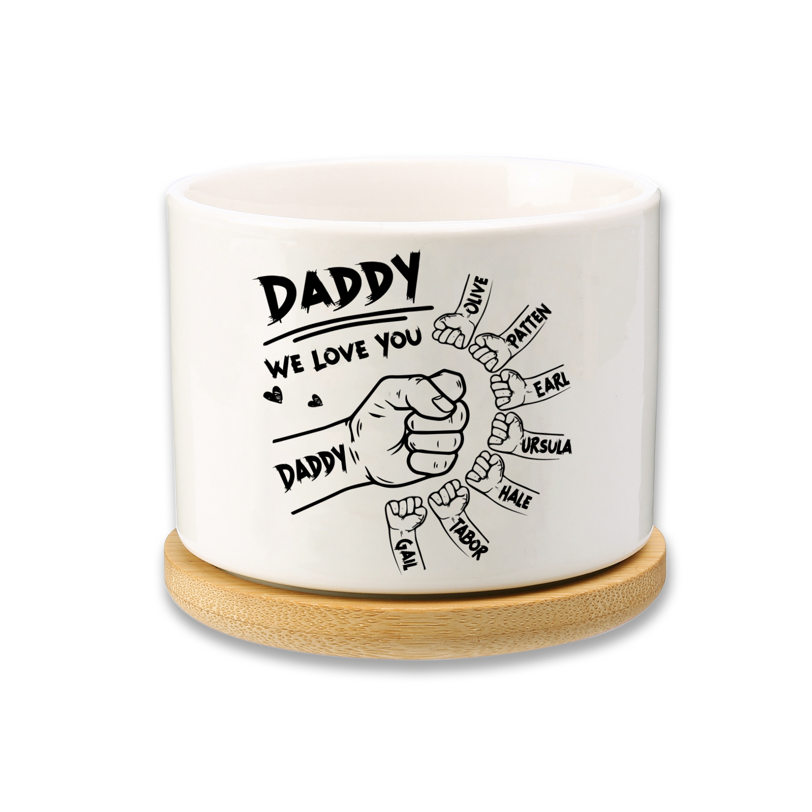 Personalised Ceramic Flowerpot for Dad with 8 Names & 2 Texts – Custom Fist Bump Design | Jessemade
