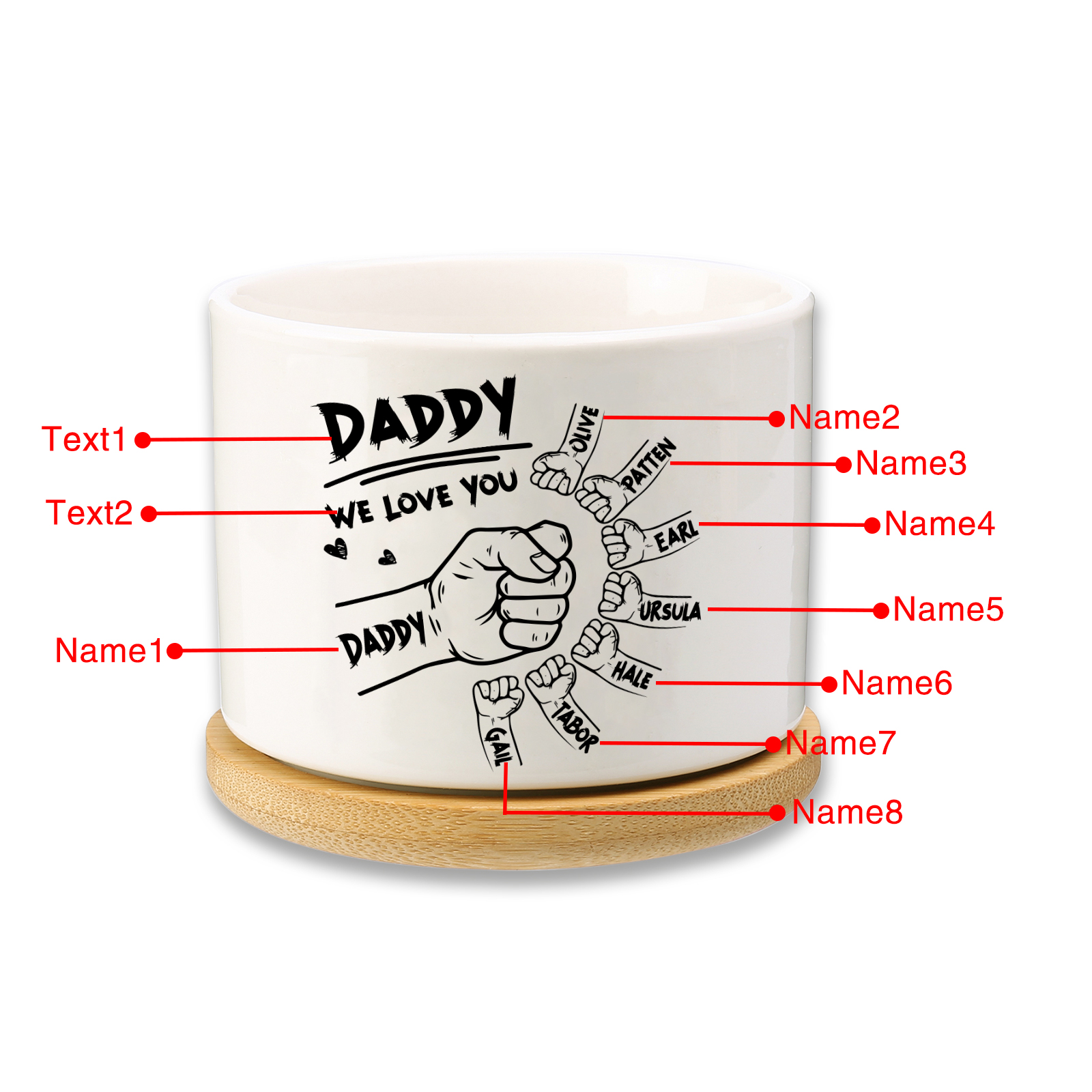 Personalised Ceramic Flowerpot for Dad with 8 Names & 2 Texts – Custom Fist Bump Design | Jessemade