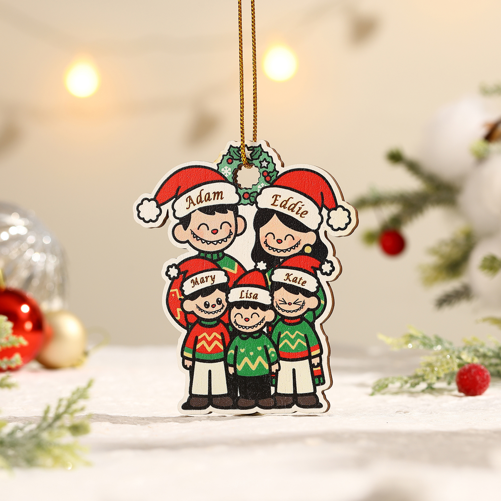 Personalised Cartoon Family Wooden Xmas Ornament