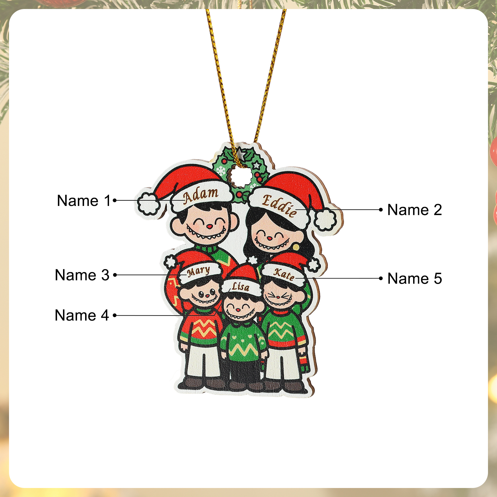 Personalised Cartoon Family Wooden Xmas Ornament