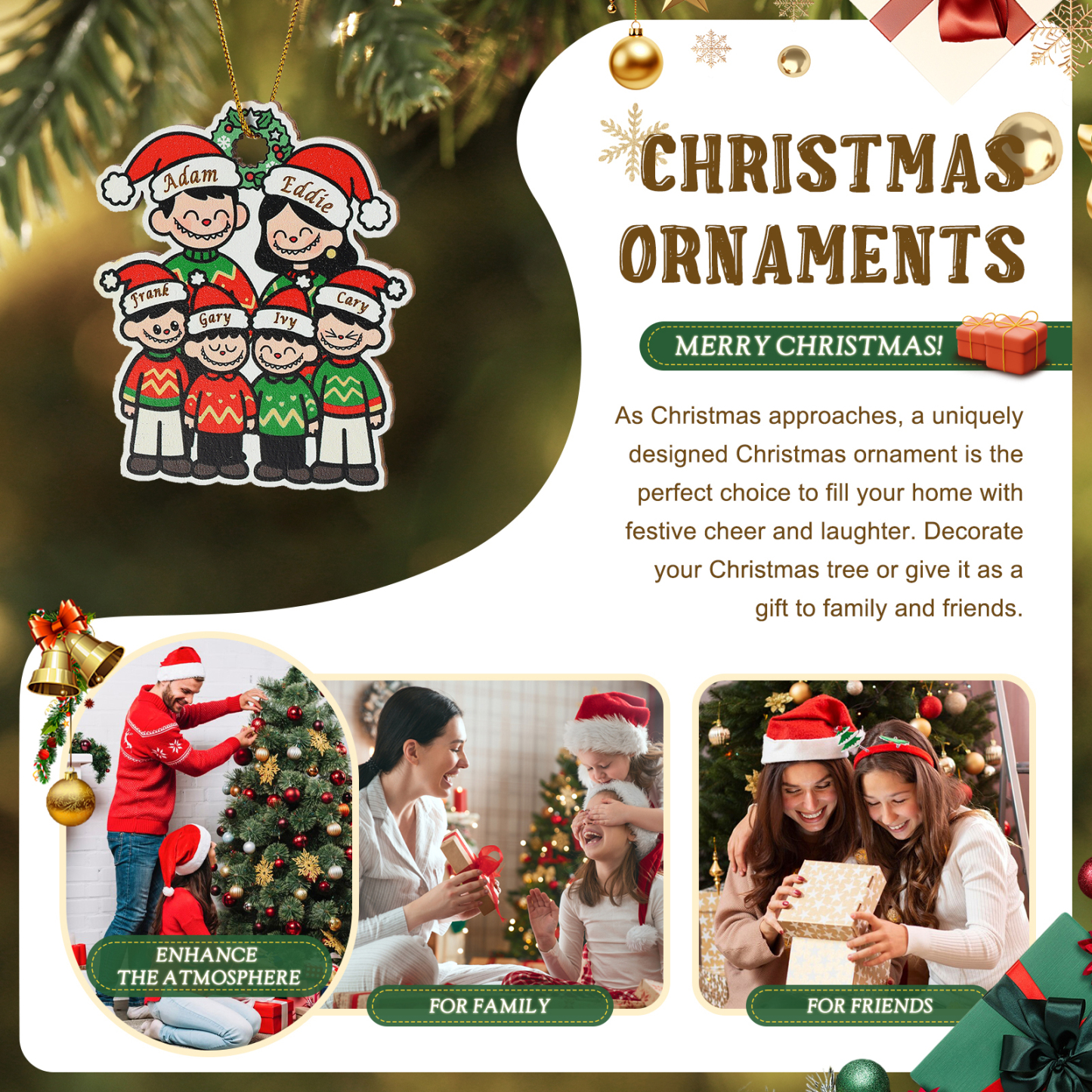 Personalised Cartoon Family Wooden Xmas Ornament