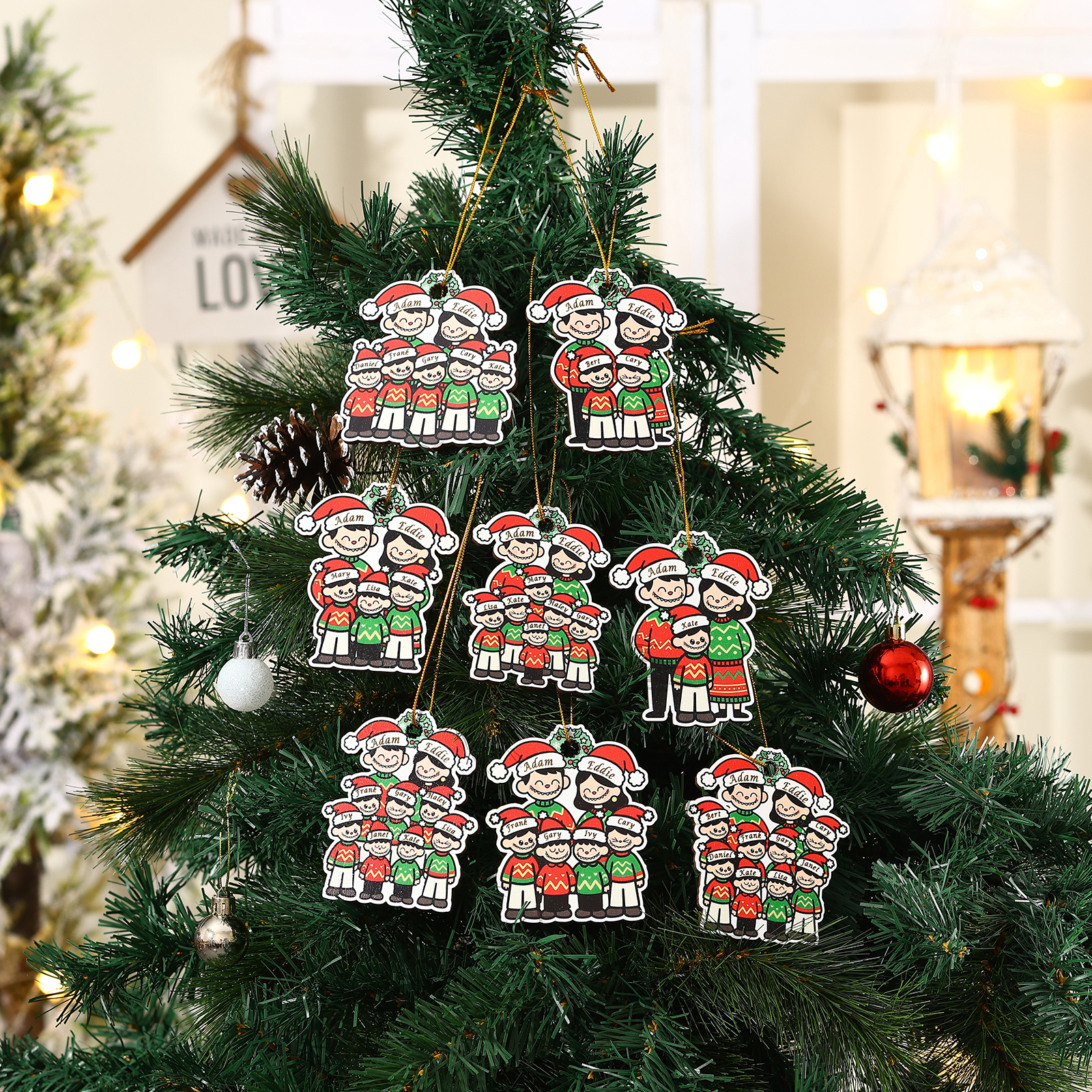 Personalised Cartoon Family Wooden Xmas Ornament