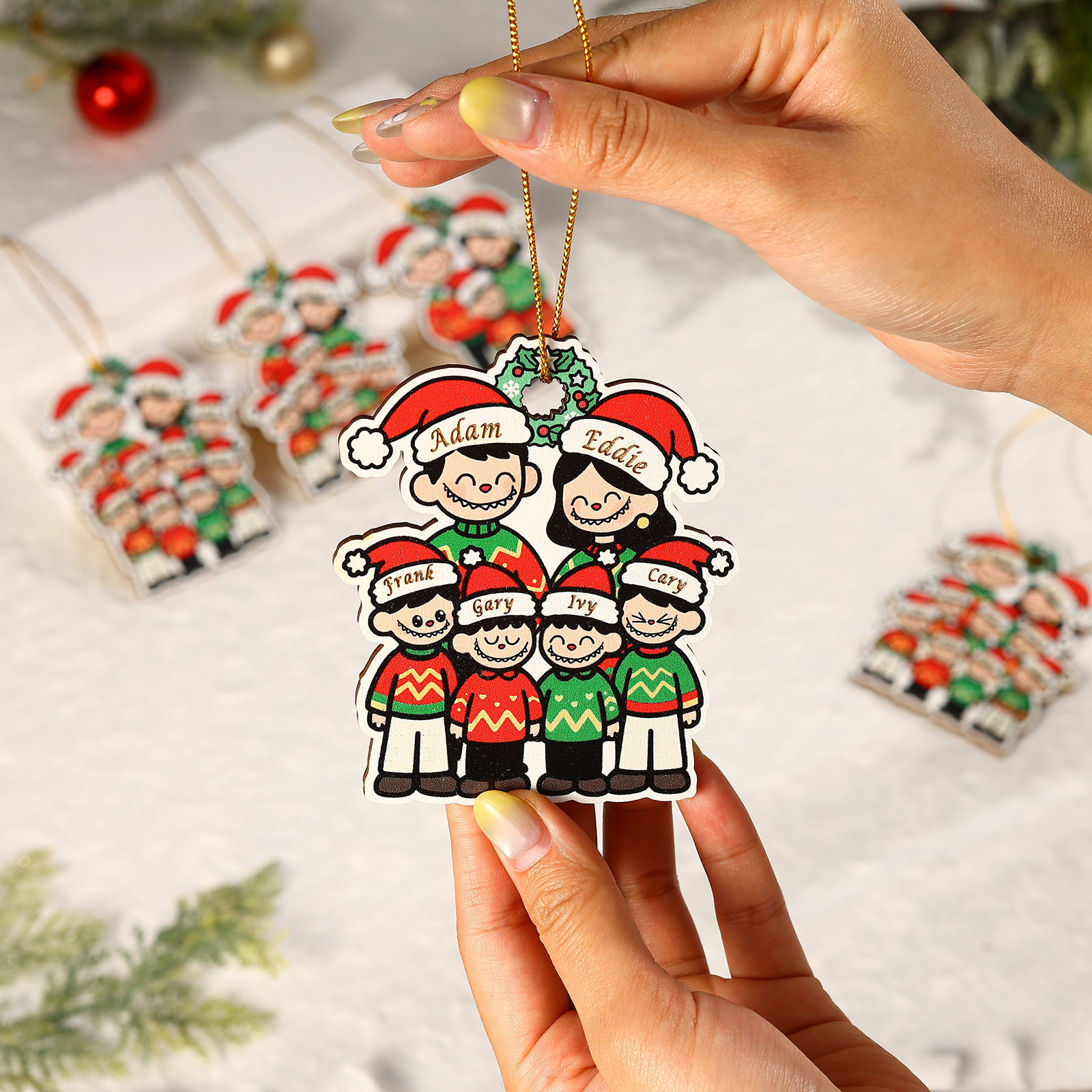 Personalised Cartoon Family Wooden Xmas Ornament