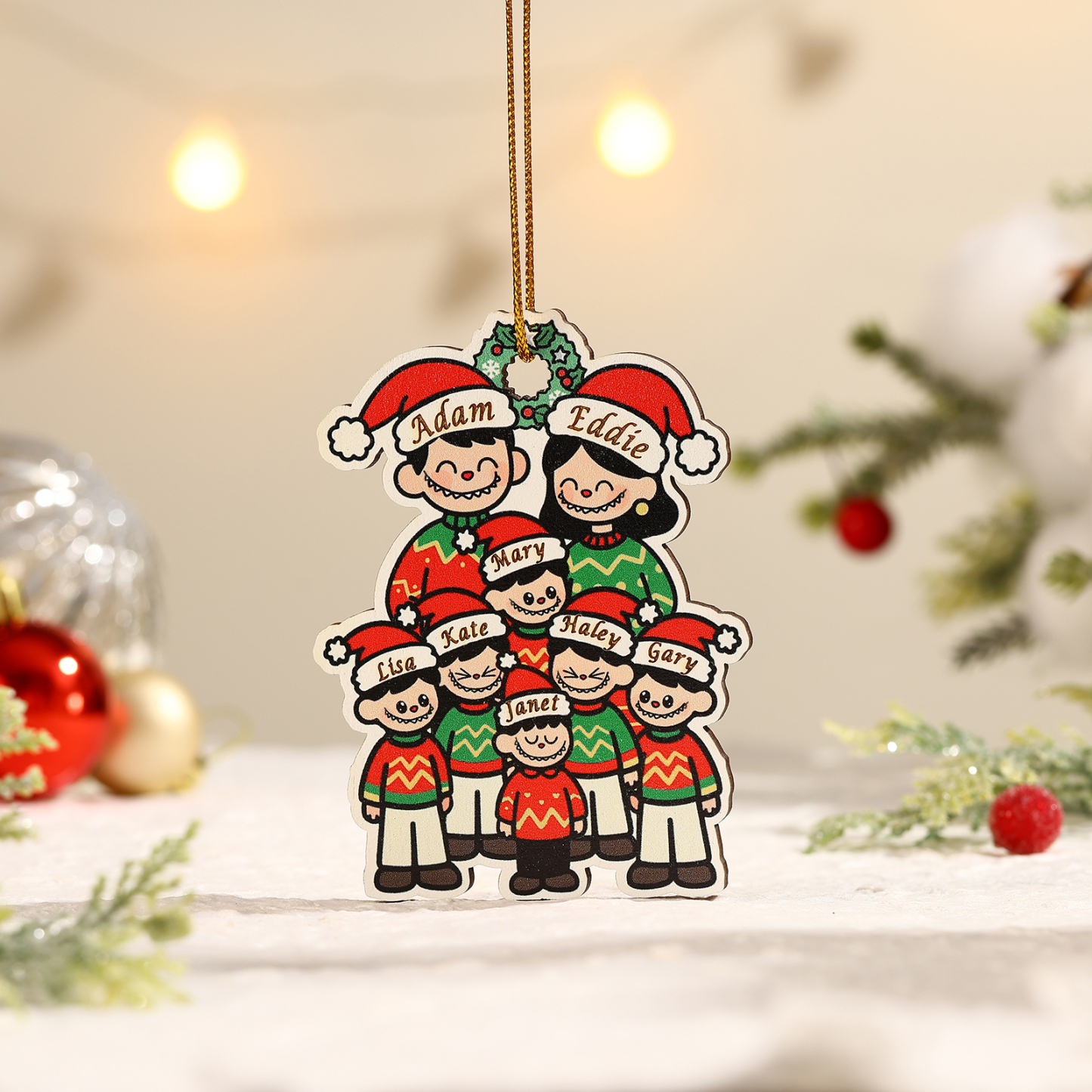 Personalised Cartoon Family Wooden Xmas Ornament