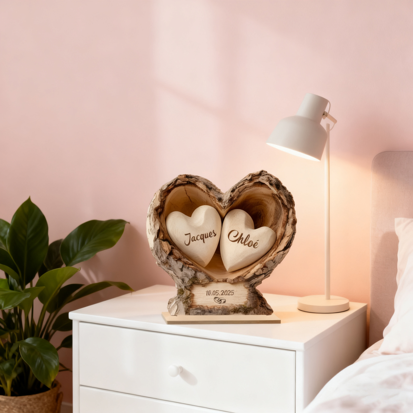 Personalised Wooden Heart-Shaped Tree Trunk Plaque for Couple