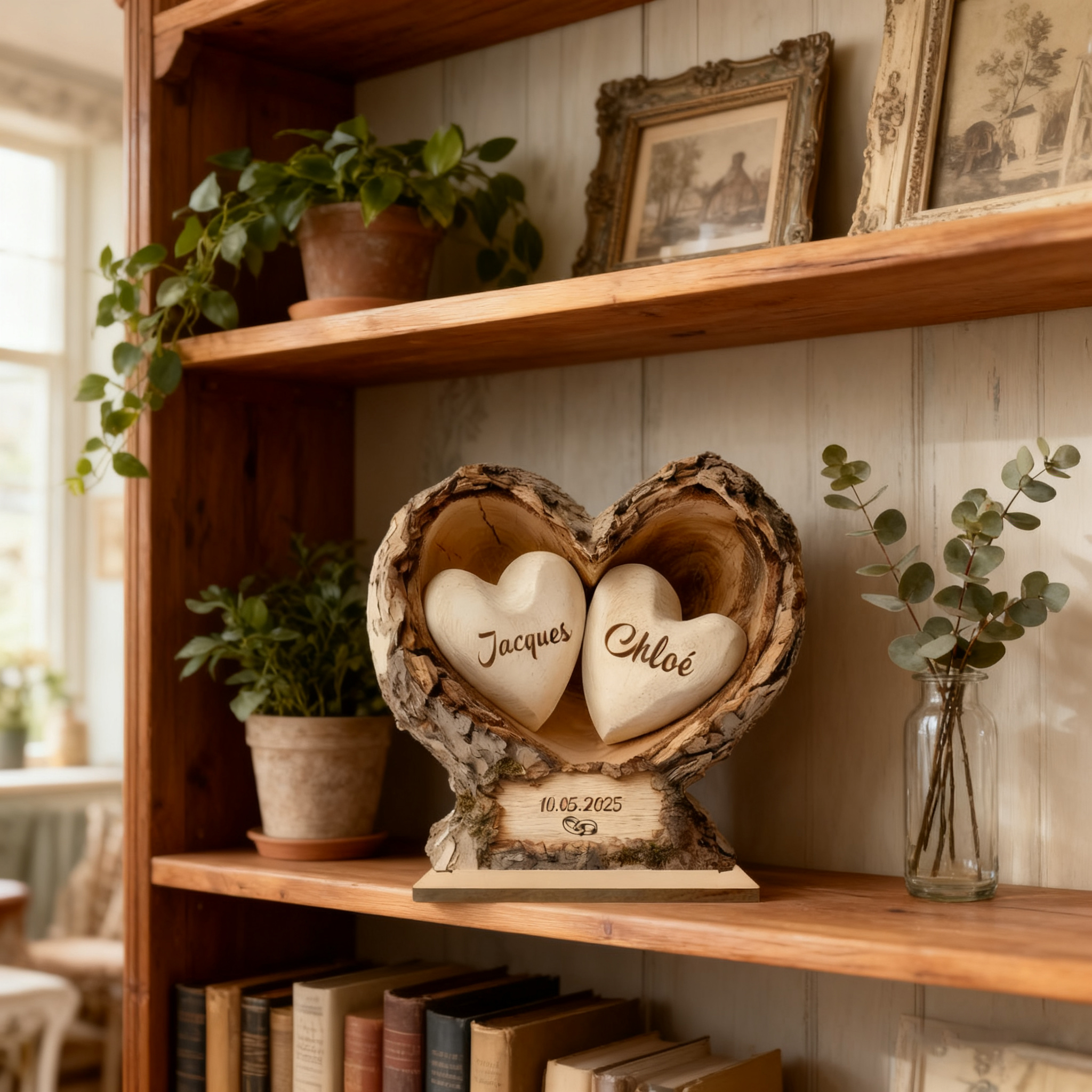 Personalised Wooden Heart-Shaped Tree Trunk Plaque for Couple