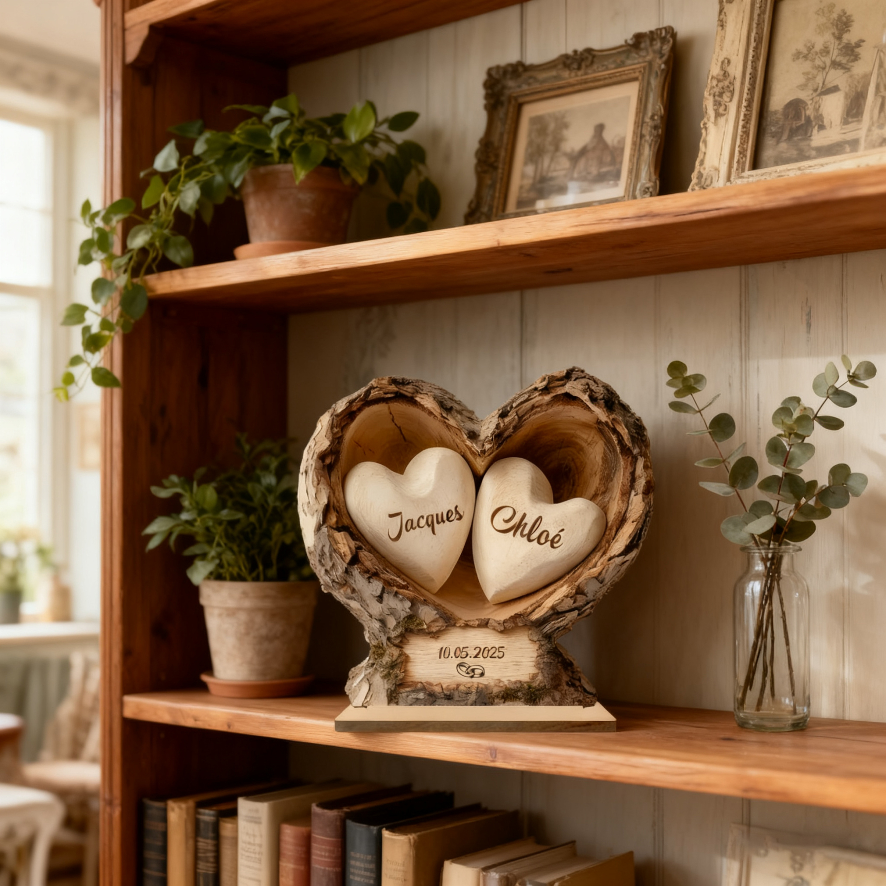 Personalised Wooden Heart-Shaped Tree Trunk Plaque for Couple
