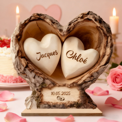 Personalised Wooden Heart-Shaped Tree Trunk Plaque for Couple