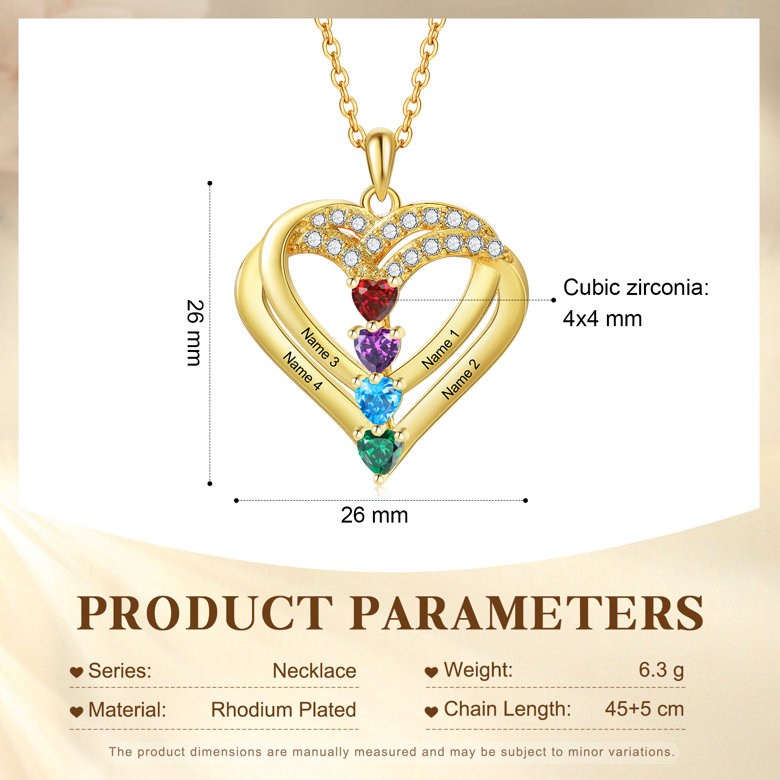 Personalised 925 Sterling Silver Heart Necklace with Names and Birthstones