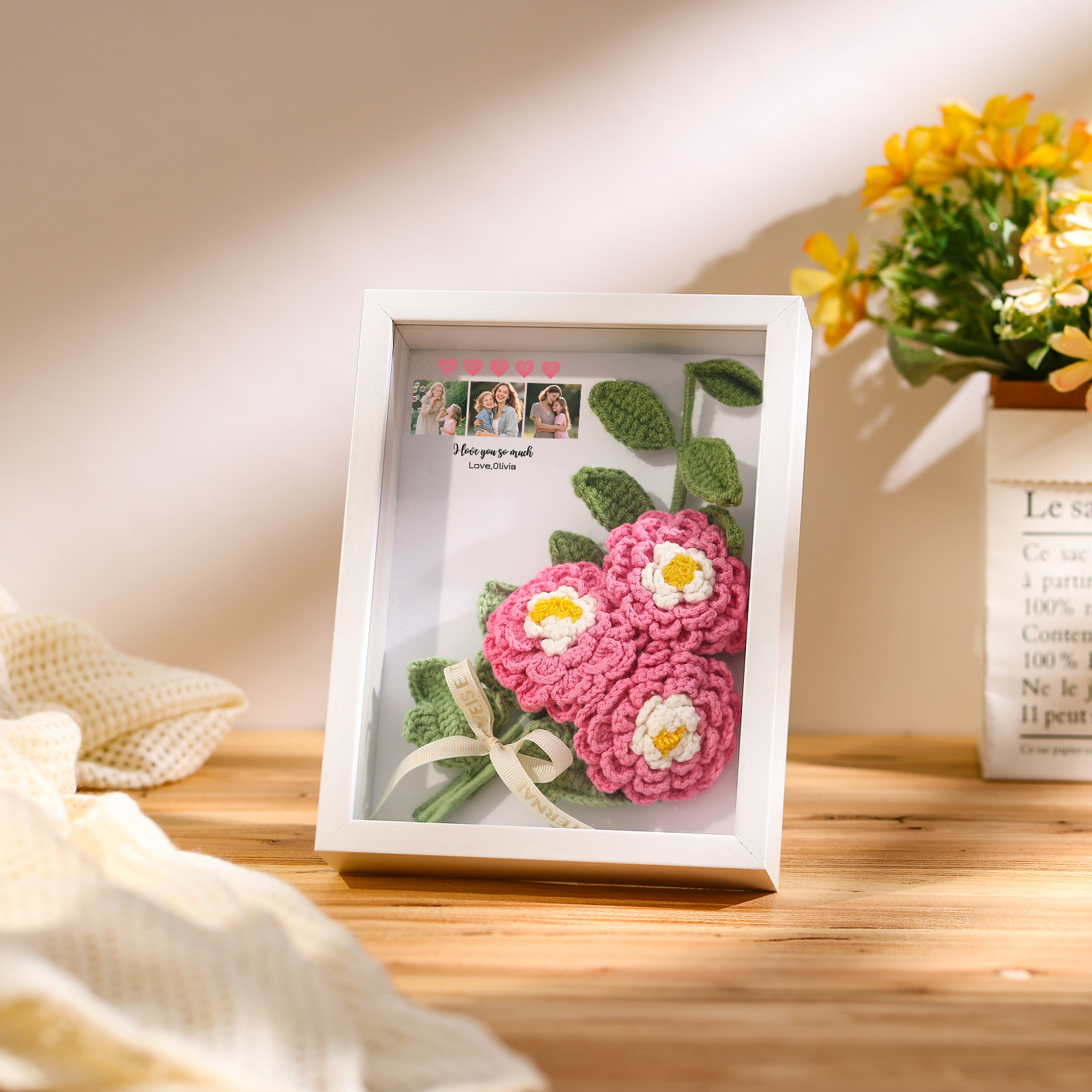 Personalised 3D Peony Crochet Flower Shadow Box Frame